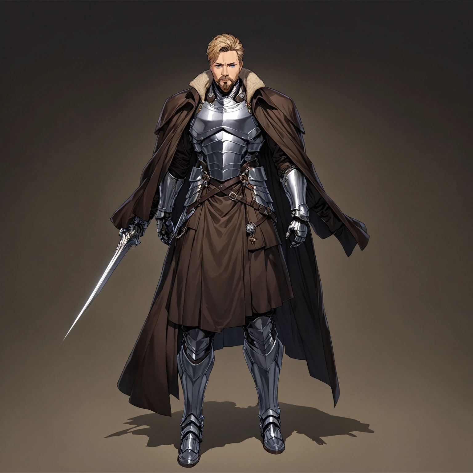 masterpiece, best quality, good quality, Highly detailed, shadowverse style, male, adult, facial hair, age 40s, blue eyes, blonde hair, short hair. armored, fantasy aesthetic, overcoat, adult, silver armored greaves, silver armored gauntlet, bang one side hair, overcoat, brown clothes 