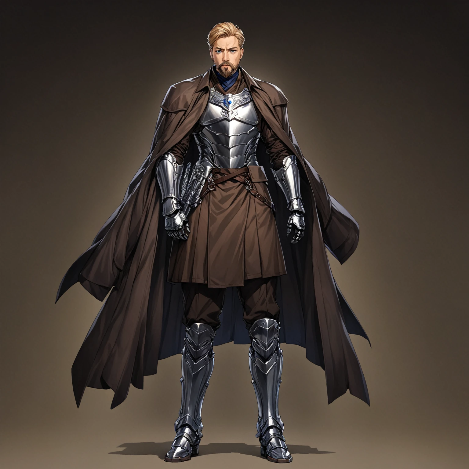 masterpiece, best quality, good quality, Highly detailed, shadowverse style, male, adult, facial hair, age 40s, blue eyes, blonde hair, short hair. armored, fantasy aesthetic, overcoat, adult, silver armored greaves, silver armored gauntlet, bang one side hair, overcoat, brown clothes 