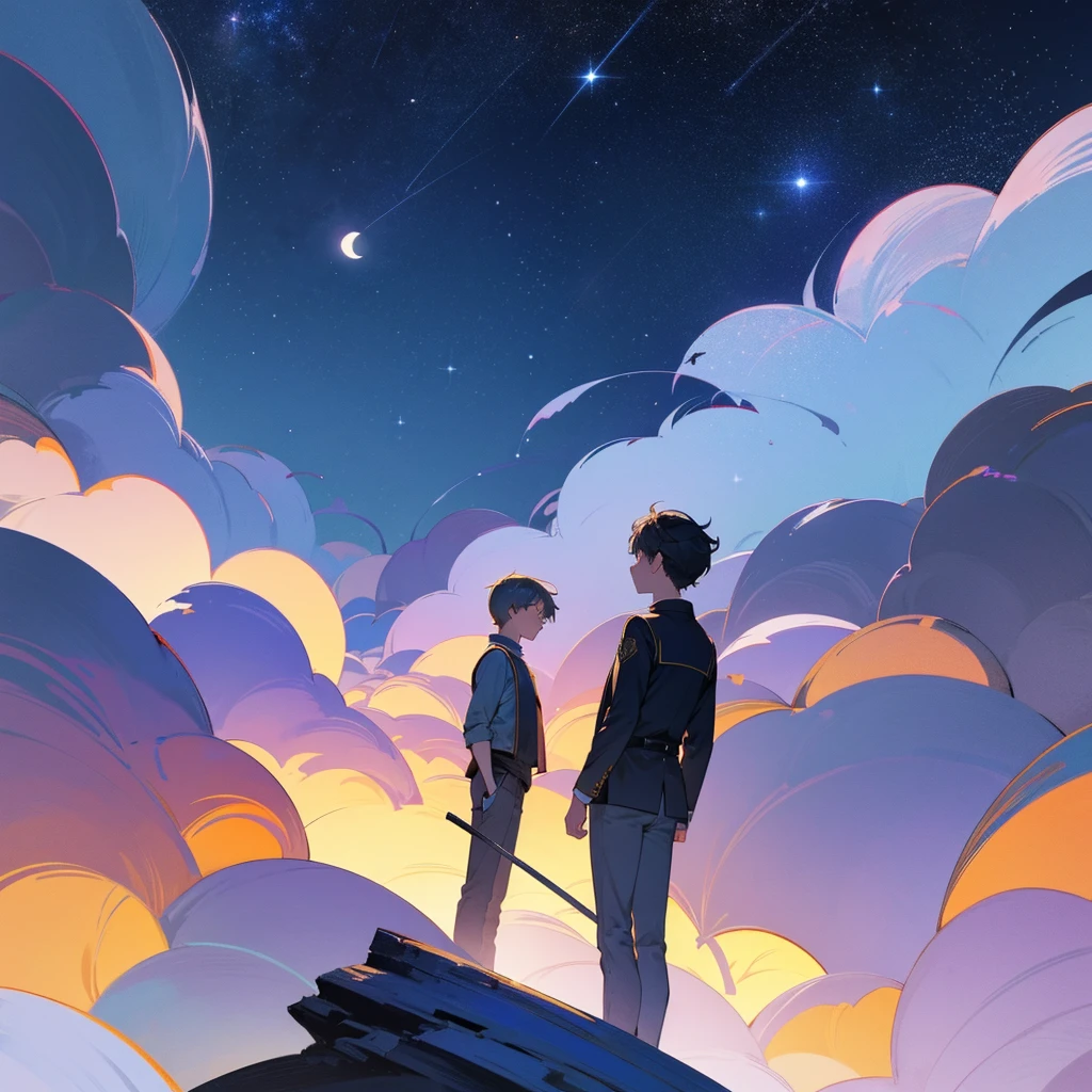 Beautiful night sky without moon only stars , 8k ultra realistic a boy standing alone feels like he's finding the moon  