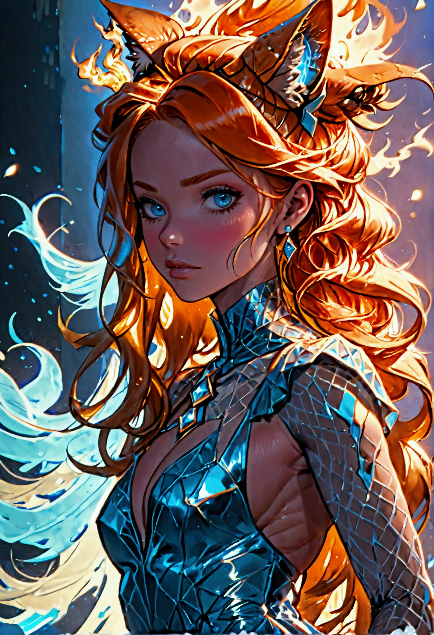 a glamour picture shot, of an elite model covered in fire walking on a icy catwalk, an extraordinary glamourous elite female model, ((full body: 1.5)),  ((anatomically correct: 1.5), (ultra detailed face: 1.2), best detailed face, orange hair, long hair, lush hair, glam hair cut, blue eyes, delicate face, light make up, wearing intricate detailed dress, glamour dress, haute couture dress, elite fashion dress, FireMagicAI,  small cleavage, wearing high heels, elegant high heels, she wears diamond necklace, she is covered in fire, she walks on an icy cat walk, image reflecting in the ice IceMagicAI, elite fashion show background, vibrant, Hyperrealism style, vibrant, Ultra-high resolution, High Contrast, (masterpiece:1.5), highest quality, Best aesthetics), best details, best quality, highres, ultra wide angle, 16k, [ultra detailed], masterpiece, best quality, (extremely detailed) RAW, chumbasket art style, photograph, photograph