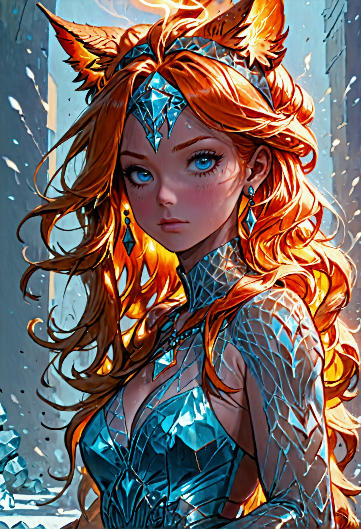 a glamour picture shot, of an elite model covered in fire walking on a icy catwalk, an extraordinary glamourous elite female model, ((full body: 1.5)),  ((anatomically correct: 1.5), (ultra detailed face: 1.2), best detailed face, orange hair, long hair, lush hair, glam hair cut, blue eyes, delicate face, light make up, wearing intricate detailed dress, glamour dress, haute couture dress, elite fashion dress, FireMagicAI,  small cleavage, wearing high heels, elegant high heels, she wears diamond necklace, she is covered in fire, she walks on an icy cat walk, image reflecting in the ice IceMagicAI, elite fashion show background, vibrant, Hyperrealism style, vibrant, Ultra-high resolution, High Contrast, (masterpiece:1.5), highest quality, Best aesthetics), best details, best quality, highres, ultra wide angle, 16k, [ultra detailed], masterpiece, best quality, (extremely detailed) RAW, chumbasket art style, photograph, photograph