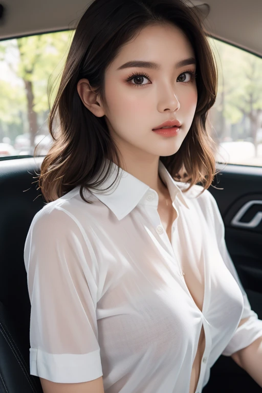 Top quality, RAW Photo, Highest Quality Image, 16K, Full body, Age 22 years old, Realistic, Photorealistic,  Beautiful Asian woman, Sexy, body, White pale skin, Beautiful hair, Wavy hair, Brown Hair,, Short hairstyle, Detailed face, Detailed body, Detailed skin, Double eyelids, Big eyes, long eyelashes, bright eyes, green eyes, natural lips, detailed lips, Saggy breasts, Very Small breasts, Flat Breasts, long shape breasts, posing in her car, sunny day light , light through Aspen trees, wearing white see through polyester shirt with all unbuttoned, no bra, Camera angle from below