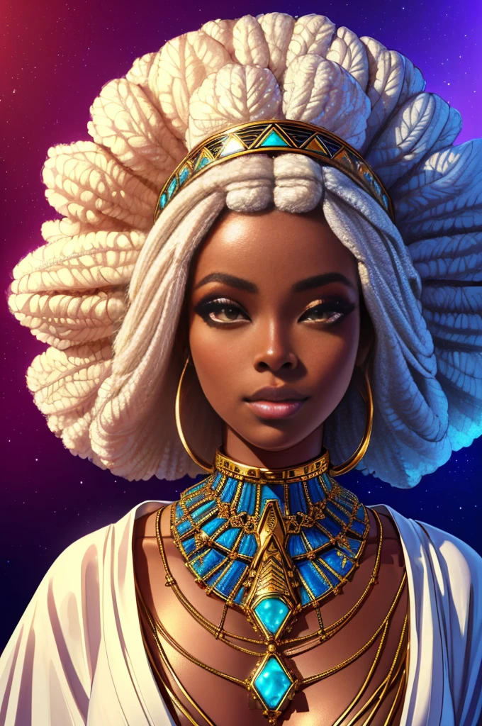 stunning african princess, black african princess, african queen, afro futurism, afrofuturistic, african princess, afro futuristic, dark skin, afro, transparent white robe, pubic hair, afro, beautiful detailed eyes, beautiful detailed lips, extremely detailed eyes and face, long eyelashes, realistic, photorealistic, photo-realistic:1.37, best quality, 8k, highres, masterpiece:1.2, ultra-detailed, vivid colors, studio lighting