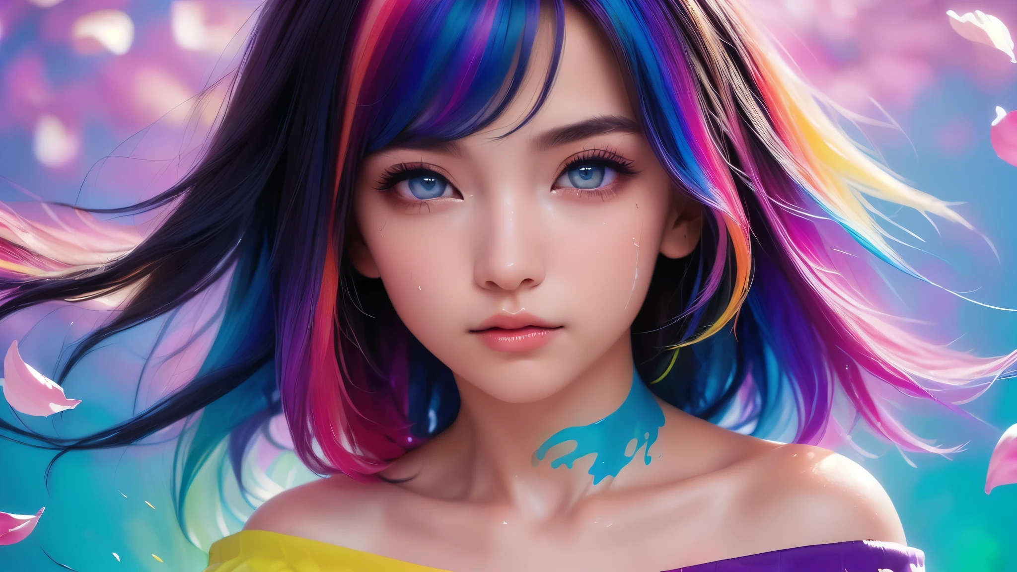 (Pink Fashion T-shirt:1.9),(Colorful hair: 1.8), (all the colours of the rainbow: 1.8),(((((vertical painting:1.6))), (painting:1.6),front, comics, illustrations, paintings, large eyes, crystal clear eyes,( rainbow color gradient high ponytail:1.7), exquisite makeup, closed mouth,(Small Fresh: 1.5),(Wipe Chest: 1.6) ,long eyelashes, white off shoulder T-shirt, White Shoulder Shirt,looking at the audience, large watery eyes, (rainbow colored hair:1.6), color splash, (solo:1.8), color splash, color explosion, thick paint style, messy lines, ((shining)),(colorful), (colorful), (colorful), colorful, Thick Paint Style, (Splash) (Color Splash), Vertical Painting, Upper Body, Paint Splash, Acrylic Pigment, Gradient, Paint, Highest Image Quality, Highest Quality, Masterpiece, Solo, Depth of Field, Face Paint, colorful clothes, (Elegant: 1.2), gorgeous,long hair, wind, (Elegant: 1.3), (Petals: 1.4),(((masterpiece))),(((best quality))),((ultra-detailed)),(illustration),(dynamic angle),((floating)),(paint),((disheveled hair)),(solo),(1girl) , (((detailed anima face))),((beautiful detailed face)),collar,bare shoulders,white hair, ((colorful hair)),((streaked hair)),beautiful detailed eyes,(Gradient color eyes),(((colorful eyes))),(((colorful background))),(((high saturation))),(((surrounded by colorful splashes))),