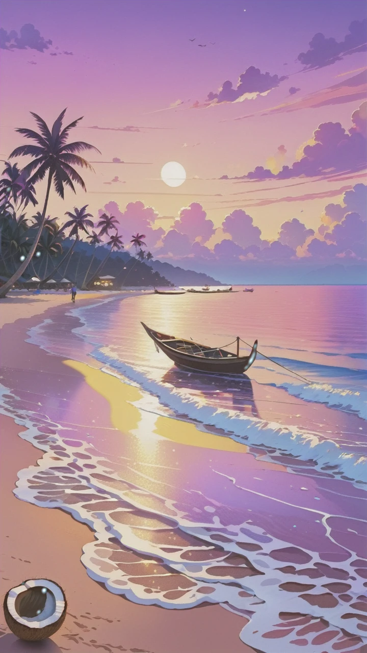 The light pink sea has fishing boats. There is a beach full of coconut shells. The evening sky is pink and purple and yellow.