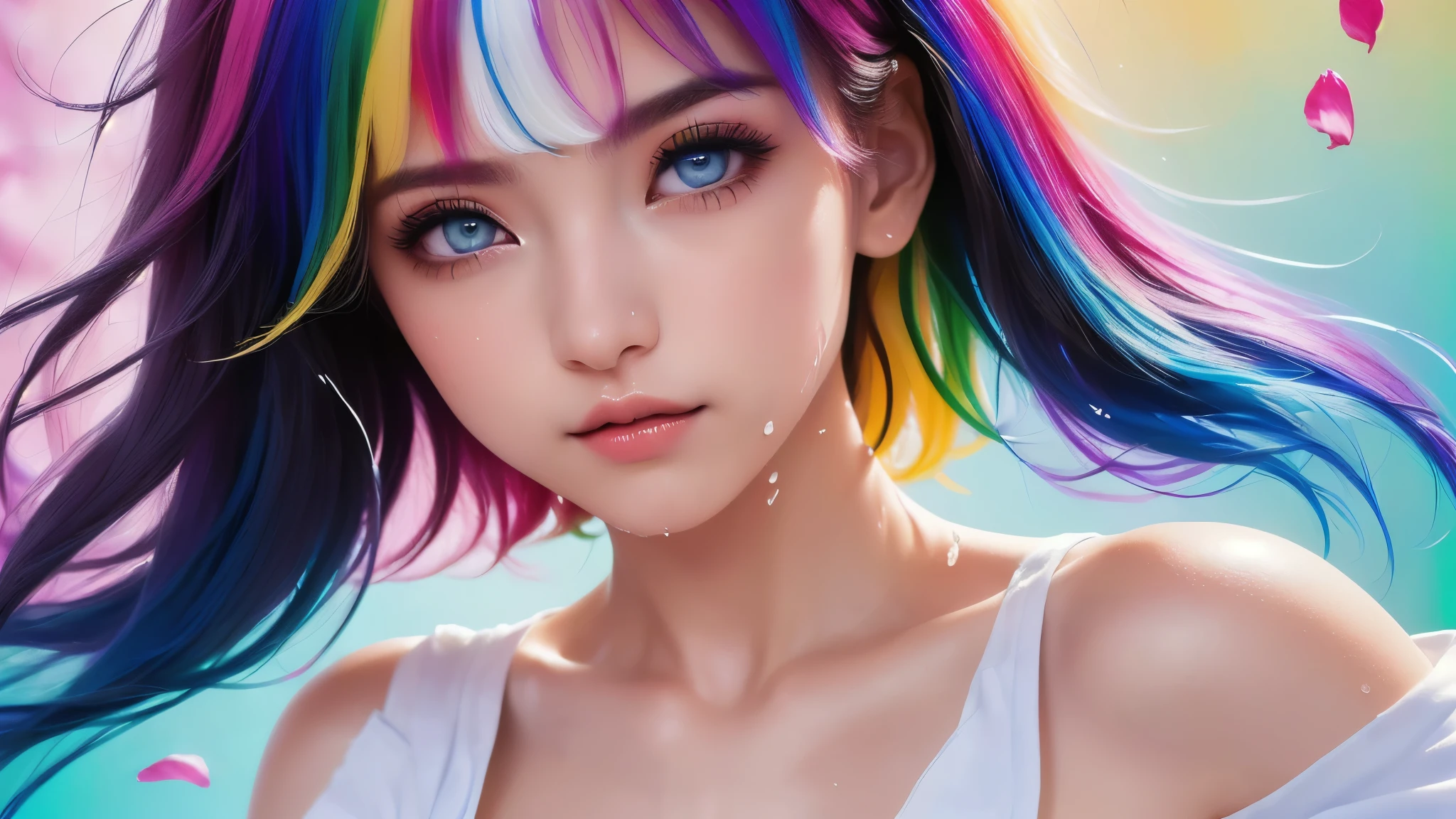 （Pink Fashion T-shirt：1.9），(Colorful hair: 1.8), (all the colours of the rainbow: 1.8),(((((vertical painting：1.6))), （painting：1.6），front, comics, illustrations, paintings, large eyes, crystal clear eyes,（ rainbow color gradient high ponytail：1.7）, exquisite makeup, closed mouth,(Small Fresh: 1.5),(Wipe Chest: 1.6) ，long eyelashes, white off shoulder T-shirt, White Shoulder Shirt，looking at the audience, large watery eyes, (rainbow colored hair：1.6), color splash, （solo：1.8）, color splash, color explosion, thick paint style, messy lines, ((shining))，(colorful), (colorful), (colorful), colorful, Thick Paint Style, (Splash) (Color Splash), Vertical Painting, Upper Body, Paint Splash, Acrylic Pigment, Gradient, Paint, Highest Image Quality, Highest Quality, Masterpiece, Solo, Depth of Field, Face Paint, colorful clothes, (Elegant: 1.2), gorgeous,long hair, wind, (Elegant: 1.3), (Petals: 1.4)，(((masterpiece))),(((best quality))),((ultra-detailed)),(illustration),(dynamic angle),((floating)),(paint),((disheveled hair)),(solo),(1girl) , (((detailed anima face))),((beautiful detailed face)),collar,bare shoulders,white hair, ((colorful hair)),((streaked hair)),beautiful detailed eyes,(Gradient color eyes),(((colorful eyes))),(((colorful background))),(((high saturation))),(((surrounded by colorful splashes))),