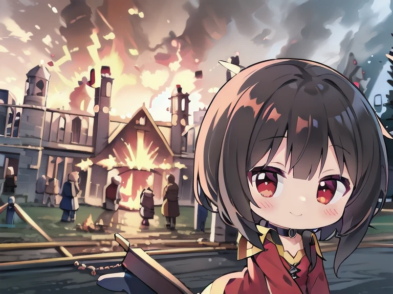 ((masterpiece)), (best quality, highres), 1girl, red eyes,short hair,brown hair,choker,short hair with long locks,sidelocks,red dress,black gloves, from behind, looking at viewer, explosion, IncrsDisasterGirlMeme, fire, smile, outdoors, Megumin, (chibi style), castle, (medieval theme)