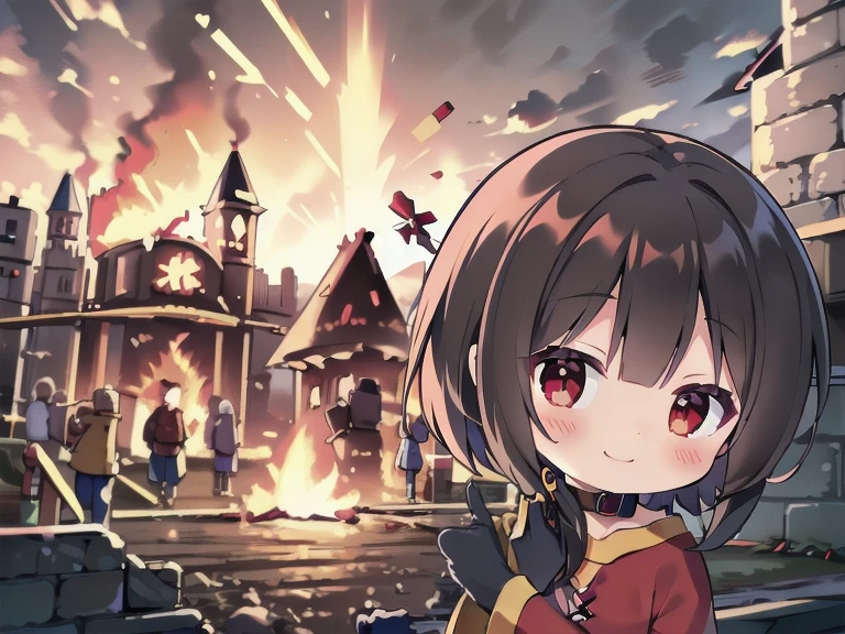 ((masterpiece)), (best quality, highres), 1girl, red eyes,short hair,brown hair,choker,short hair with long locks,sidelocks,red dress,black gloves, from behind, looking at viewer, explosion, IncrsDisasterGirlMeme, fire, smile, outdoors, Megumin, (chibi style), castle, (medieval theme)