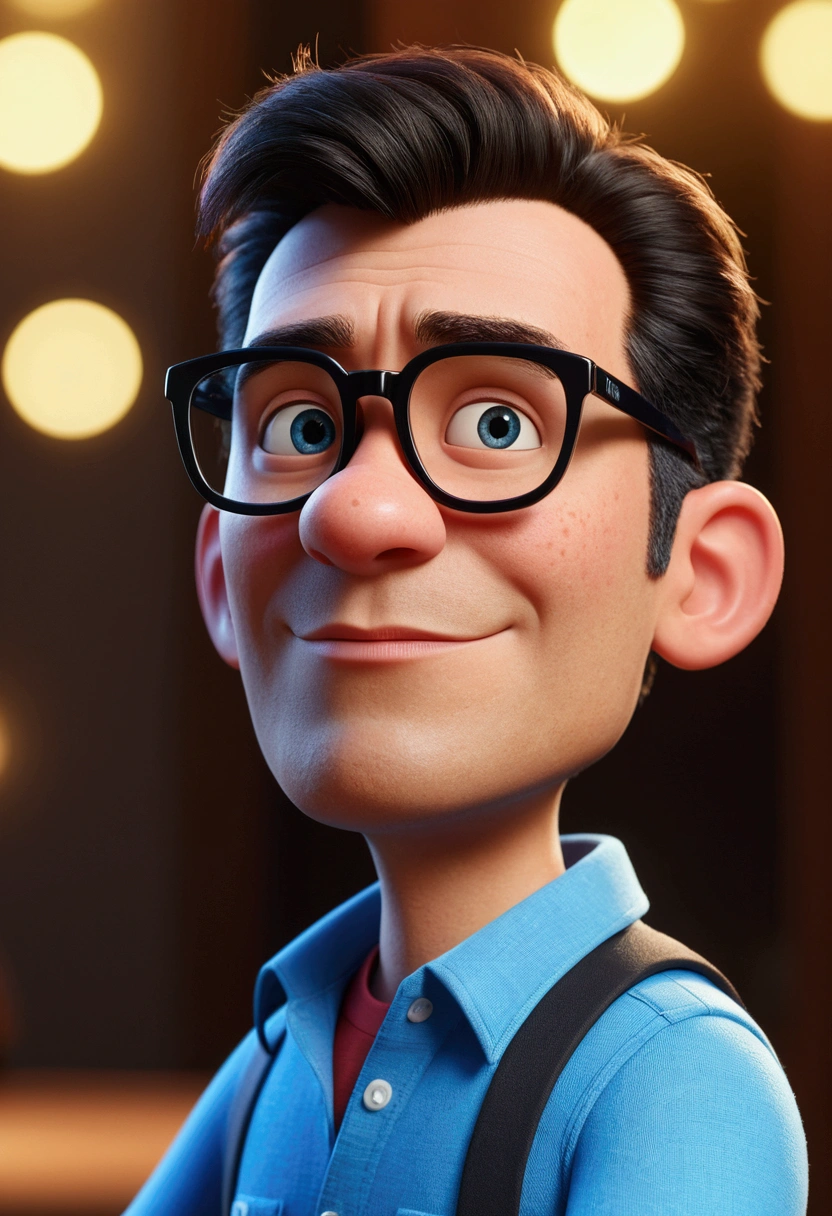 Cartoon character of a man in black glasses and blue shirt, an animated character, stylized character, animation style rendering, 3d stylized, Arnold Maya rendering, Stylized 3D rendering, toon render screenshot, 3d character, 3d character, Stylized 3D rendering, 3D character rendering, cartoon character, Personagem de close up, character posing, (Pixar-style) (master part:1.2) (bokeh) (best qualityer) (skin detailed) (detailed texture) (8k) (Argilla) (cinematic lighting) (sharp focus,Sit down and lift your upper body