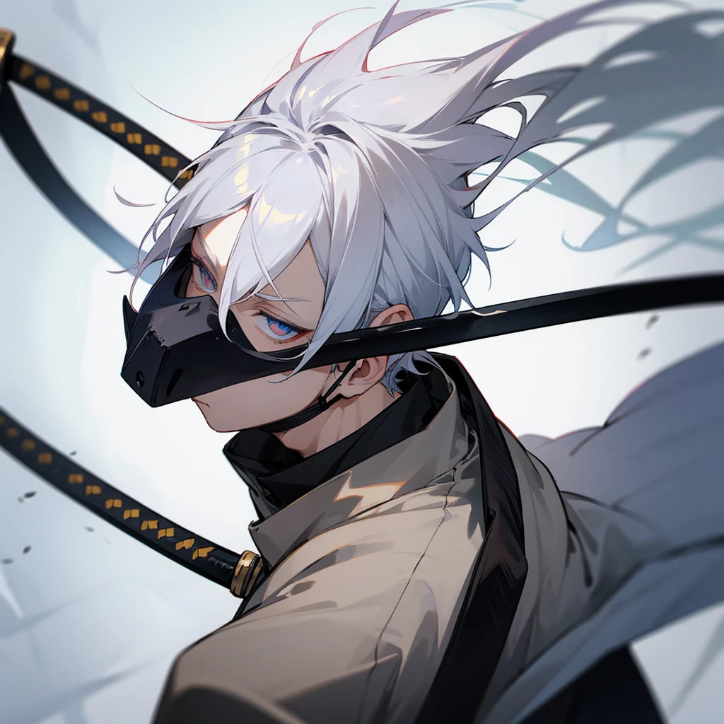 Boy with white hair, colored eyes, wearing a mask covering his mouth, army clothes , holding a Katana with a serious look