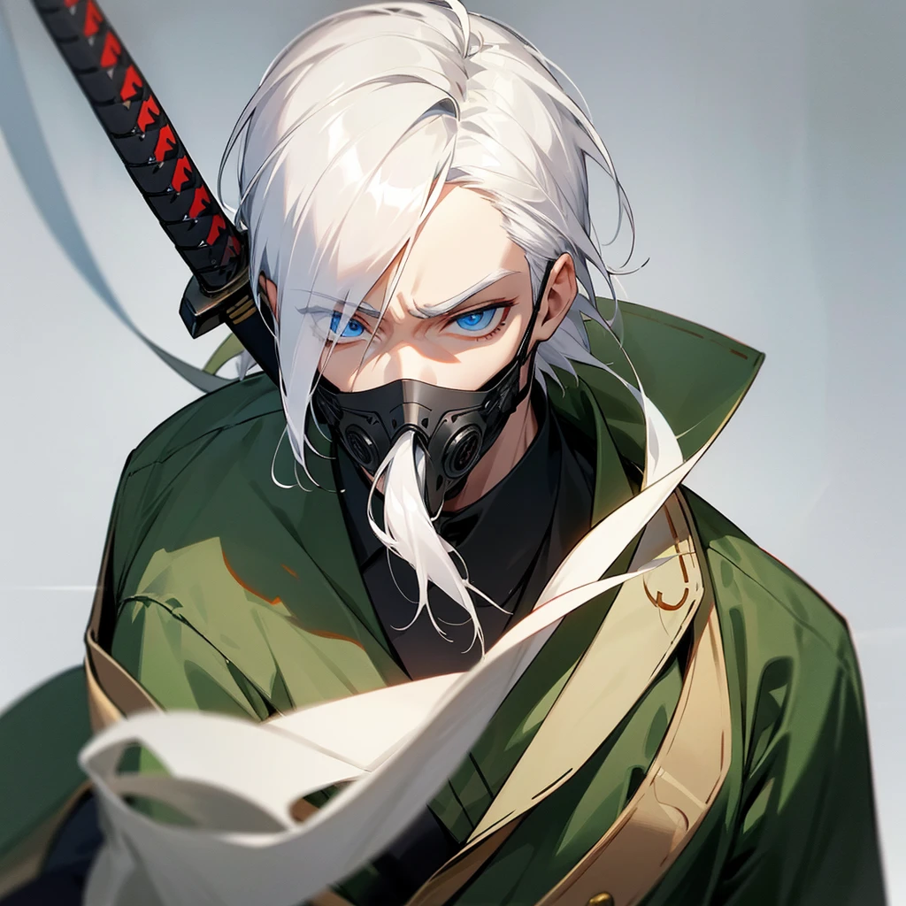 Boy with white hair, colored eyes, wearing a mask covering his mouth, army clothes , holding a Katana with a serious look