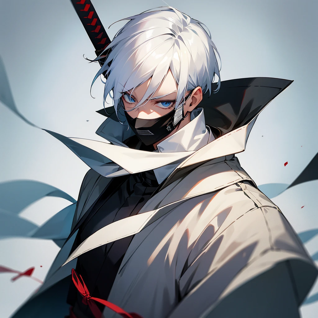 Boy with white hair, colored eyes, wearing a mask covering his mouth, army clothes , holding a Katana with a serious look