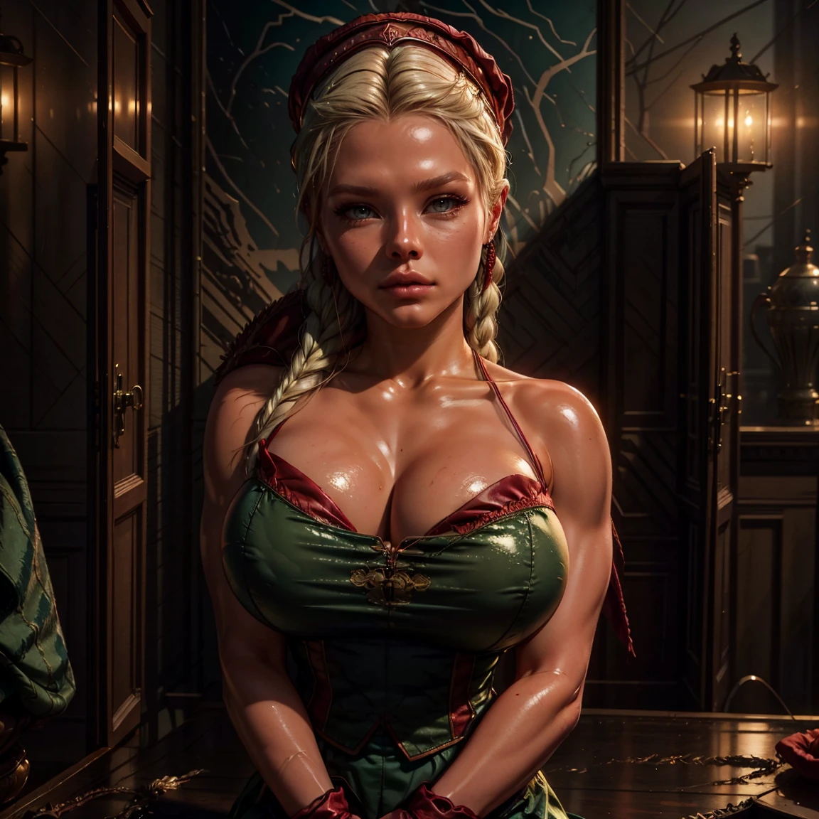cinematic film still beautiful,masterpiece,best quality,extremely detailed face,perfect lighting,1girl,arms behind head,cowboy shot,cute,flirty,looking at viewer,cammy white,twin braids,long hair,blonde hair,antenna hair,beret,(red headwear:1.3),blue eyes,scar on cheek,(large :1.2),green leotard,sleeveless,red gloves,fingerless gloves,camouflage,. shallow depth of field, vignette, highly detailed, high budget, bokeh, cinemascope, moody, epic, gorgeous, film grain, grainy, huge