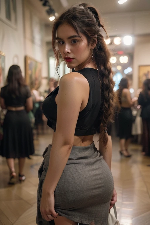 Hyperrealisitic portrait of a beautiful 30yo black woman with red braided hair, red lipgloss stick, ((voluptuous)), (extra detail in the figure, work of art, best qualityer, ultra_detailded)), thick-thighs, wearing an all-black sleeveless skirt beautifully wrapped around her body, Canon R5, 200mm lens, sharp focus, and shot in RAW format, the photograph showcases an intricate photorealisitic, and highly detailded face in 8k hd quality, (wide hips, insanely detailded accentuated big booty), ((8k, CRU photo, highest quallity, work of art)), professional RAW color photo portrait with high detail, (realisitic, fotorrealism:1.5),