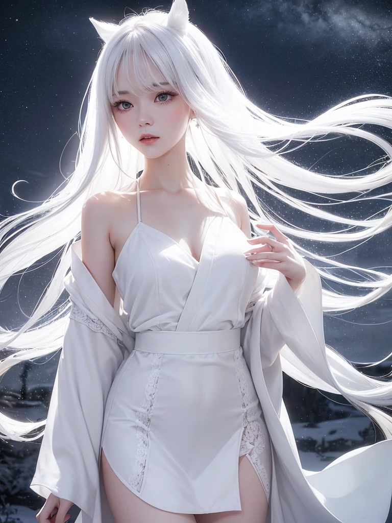 Delicate and dainty young woman with long glossy white hair. She is wearing a white only short thigh-baring kimono. The background is a fantastic and ethereal night sky with a heavy snowstorm. Her expression is stern and atmospheric. Strong winds.