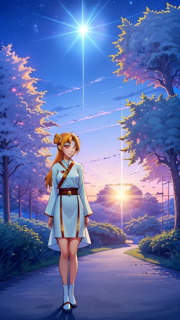 A young Chinese lady is standing on a hill, admiring the sunset in a fantasy world. She has long black hair that flows like silk, capturing the last golden rays of the sun. Your eyes are big and expressive, reflecting the beauty and mystery of the colorful horizon. Your skin is clear and flawless, contrasting with the soft golden tones of the evening.

She wears a traditional hanfu, with light, wavy fabrics in shades of sky blue and white, embroidered with delicate flower and bird motifs. A gray silk belt accentuates your slender waist, and wide sleeves flutter gently in the wind. On the feet, she wears silk shoes adorned with small pearls.

Around her, the scenery is exuberant and magical in nature. Ancient trees and exotic flowers fill the air with soothing scents, while fantastic creatures fly and jump, completing the fairytale landscape. The sky is painted with vibrant orange colors, pink and purple, creating a dazzling spectacle that the young woman contemplates with a serene smile. 4K, High definition. 