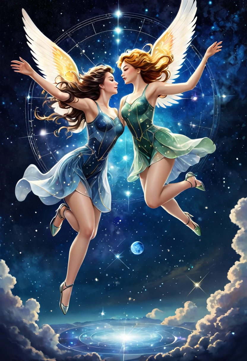 "Visualize an interpretation of the astrology of the constellation Gemini. Integrate realistic colors and sharp angles, to convey a feeling of movement and tension. Play with perspective and layering, to create a multidimensional composition, which questions traditional notions of space and form. Be inspired and see nature in a fresh and innovative light.. Unleash your creativity, as you bring this imaginative scene to life on the screen.