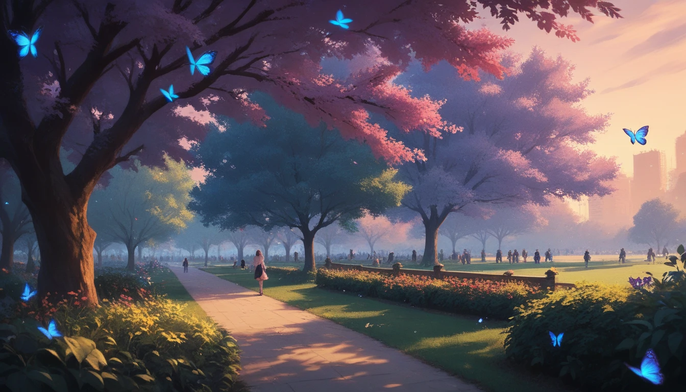 an evening with a flock of violet butterflies in the park