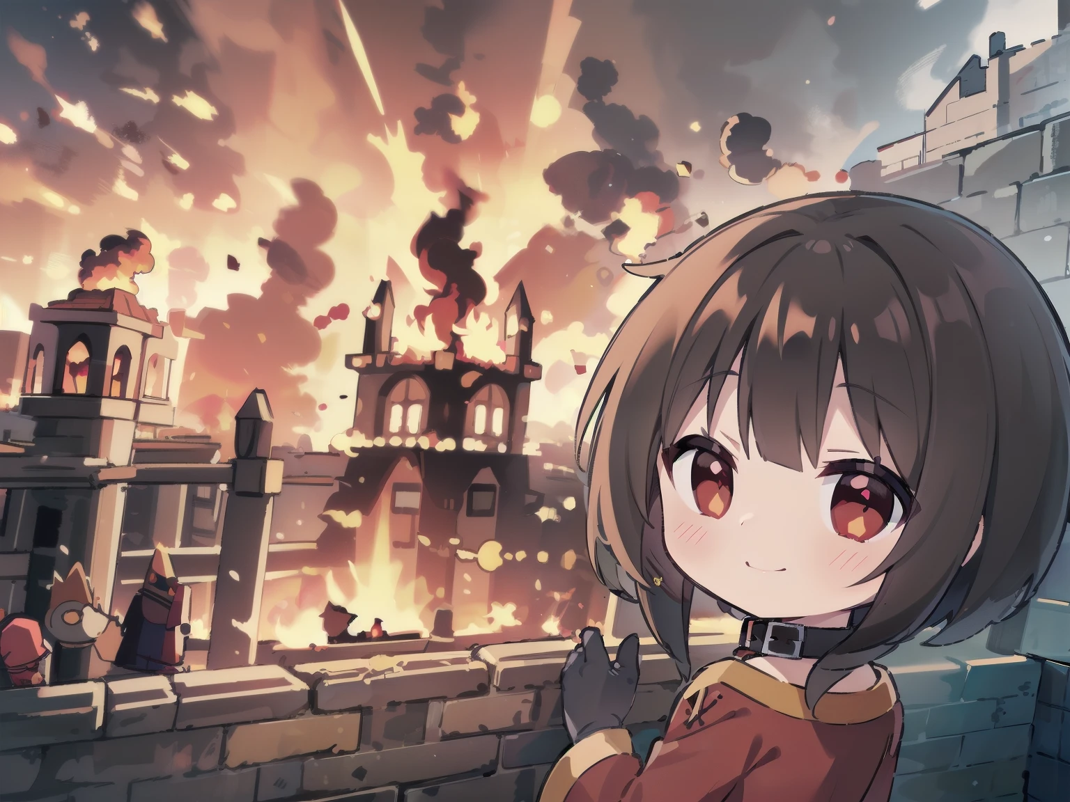 ((masterpiece)), (best quality, highres), 1girl, red eyes,short hair,brown hair,choker,short hair with long locks,sidelocks,red dress,black gloves, from behind, looking at viewer, explosion, IncrsDisasterGirlMeme, fire, smile, outdoors, Megumin, (chibi style), castle, (medieval theme)