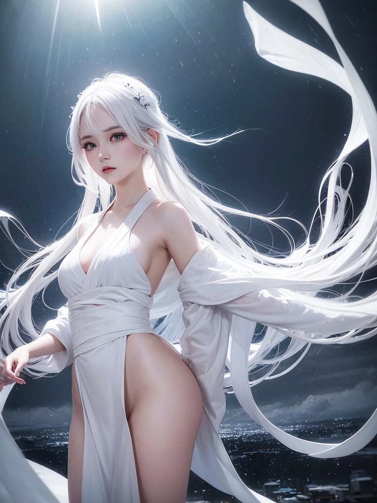 Delicate and dainty young woman with long glossy white hair. She is wearing a white only short thigh-baring kimono. The background is a fantastic and ethereal night sky with a heavy snowstorm. Her expression is stern and atmospheric. Strong winds.