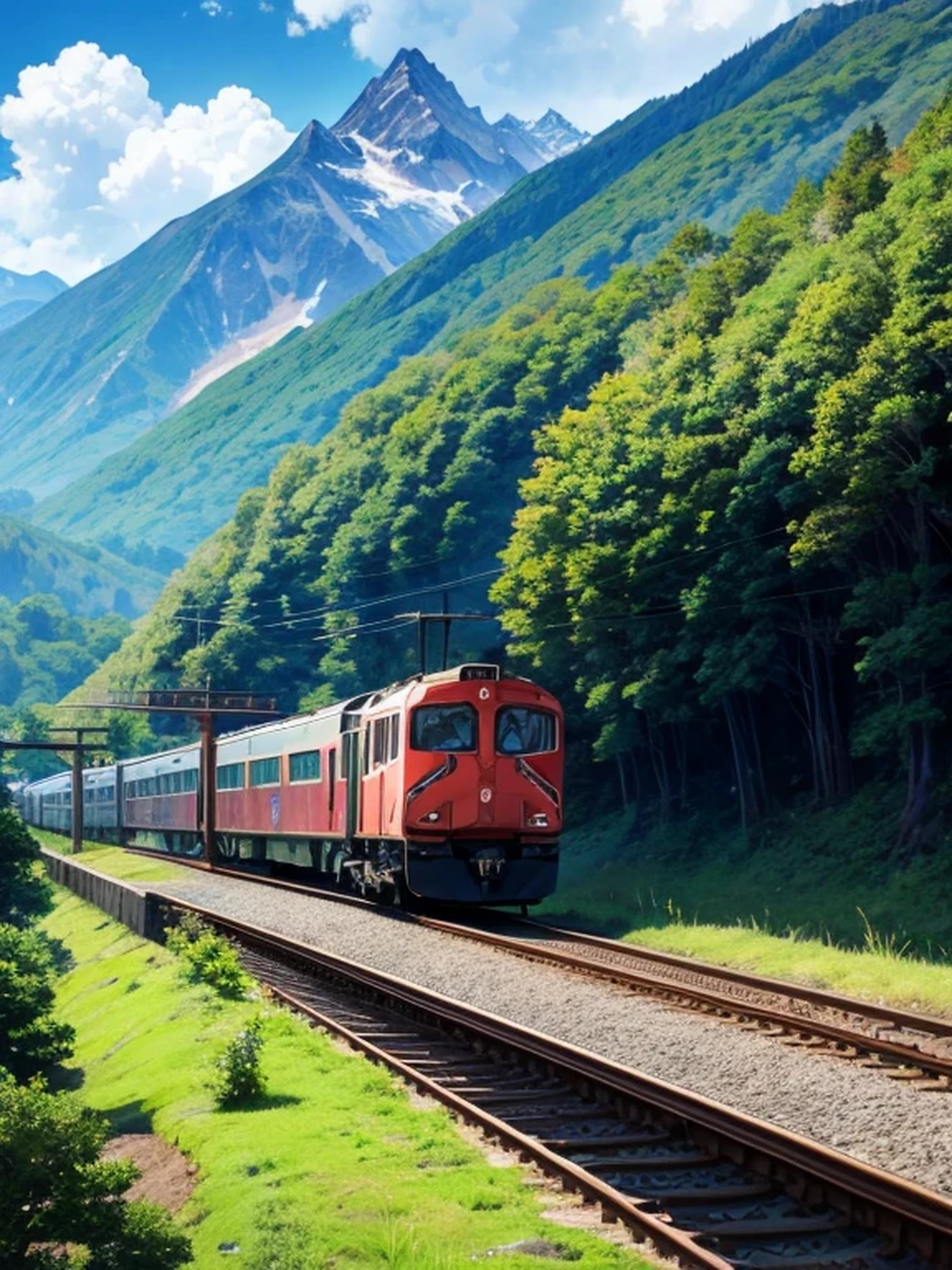 Anime scenery of a train passing through mountains