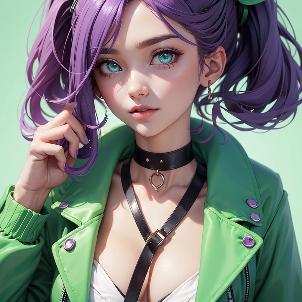 Close-up, purple-haired woman, mint green eyes, a black choker on her neck and a mint green jacket