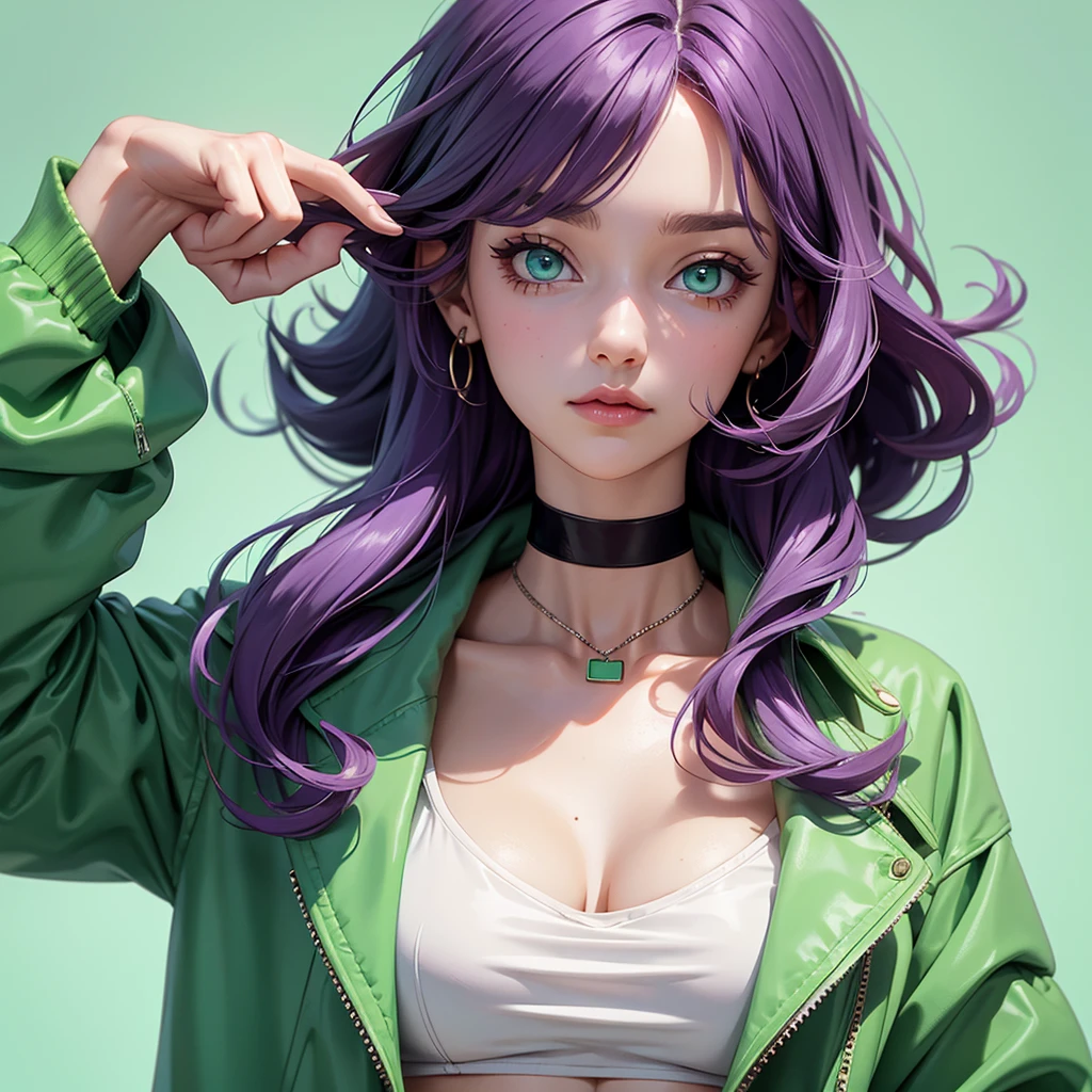 Close-up, purple-haired woman, mint green eyes, a black choker on her neck and a mint green jacket