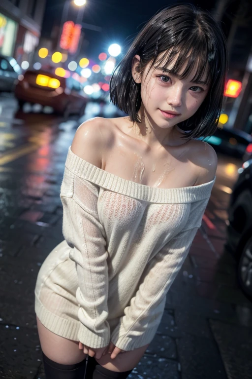 high quality, detailed,(she has a bag),a girl with white water drops on her face.she is taking a shower,lots of white water droplets.(at night:2.0),green eyes.she is 13 years old japanese bitch gal,standing prostitute,she has a mole under her eye,(smallest breasts),(wearing long sleeve oversized sweater dress,offshoulder,very very wet thin fabric sweater,),blunt bangs,((bob hair,very wet hair and wet face,shiny face)),((wearing overknee socks)),slender,face up,nipples,temptation,(huge smile),(waiting for someone),((Angle from the side))
(Downtown at night、Big city、A street corner in the red light district at night、crowd street、lots of passersby、)