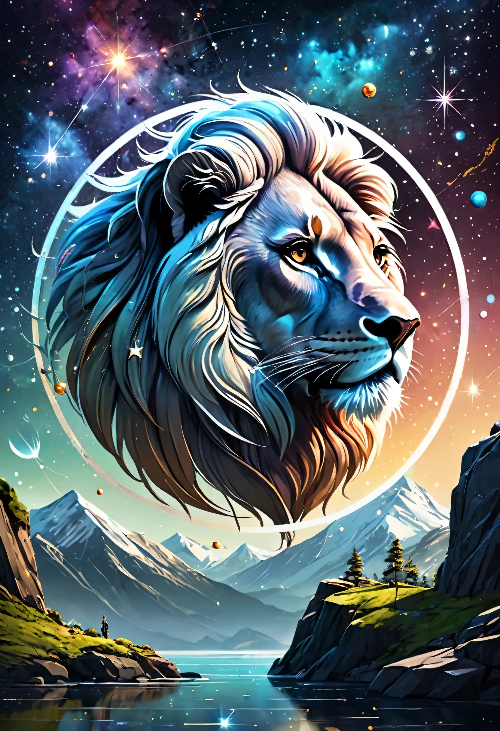 "Visualize an interpretation of Leo constellation astrology. Integrate realistic colors and sharp angles, to convey a feeling of movement and tension. Play with perspective and layering, to create a multidimensional composition, which questions traditional notions of space and form. Be inspired and see nature in a fresh and innovative light.. Unleash your creativity, as you bring this imaginative scene to life on the screen.