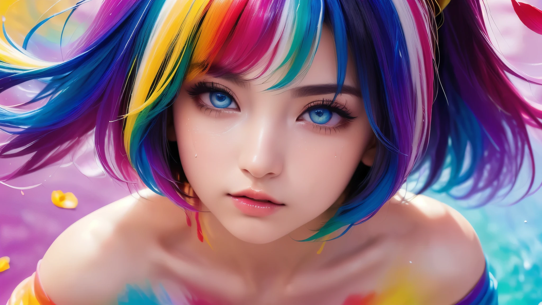 （Pink Fashion T-shirt：1.9），(Colorful hair: 1.8), (all the colours of the rainbow: 1.8),(((((vertical painting：1.6))), （painting：1.6），front, comics, illustrations, paintings, large eyes, crystal clear eyes,（ rainbow color gradient high ponytail：1.7）, exquisite makeup, closed mouth,(Small Fresh: 1.5),(Wipe Chest: 1.6) ，long eyelashes, white off shoulder T-shirt, White Shoulder Shirt，looking at the audience, large watery eyes, (rainbow colored hair：1.6), color splash, （solo：1.8）, color splash, color explosion, thick paint style, messy lines, ((shining))，(colorful), (colorful), (colorful), colorful, Thick Paint Style, (Splash) (Color Splash), Vertical Painting, Upper Body, Paint Splash, Acrylic Pigment, Gradient, Paint, Highest Image Quality, Highest Quality, Masterpiece, Solo, Depth of Field, Face Paint, colorful clothes, (Elegant: 1.2), gorgeous,long hair, wind, (Elegant: 1.3), (Petals: 1.4)，(((masterpiece))),(((best quality))),((ultra-detailed)),(illustration),(dynamic angle),((floating)),(paint),((disheveled hair)),(solo),(1girl) , (((detailed anima face))),((beautiful detailed face)),collar,bare shoulders,white hair, ((colorful hair)),((streaked hair)),beautiful detailed eyes,(Gradient color eyes),(((colorful eyes))),(((colorful background))),(((high saturation))),(((surrounded by colorful splashes))),