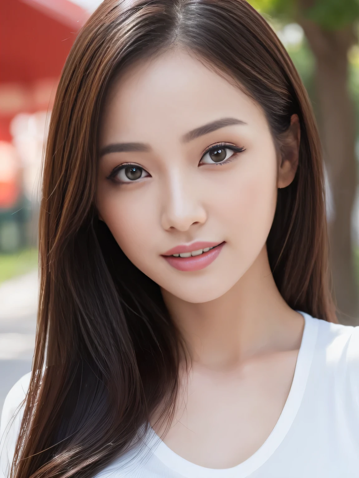 (Highest quality、Tabletop、8k、Best image quality、Award-winning works)、One beautiful woman、Perfect beautiful composition、(A tight fitting T-shirt:1.1)、(Accentuate your body lines:1.1)、Close-up of face、Look at me and smile a little、(Highly blurred and accurate park background:1.1)、Standing Elegantly、Droopy eyes、Natural Makeup、Ultra-high definition beauty face、Ultra HD Hair、Ultra-high definition sparkling eyes、Ultra High Resolution Perfect Teeth、Ultra-high definition, lustrous, beautiful skin、Ultra-high quality glossy lips、Accurate anatomy、