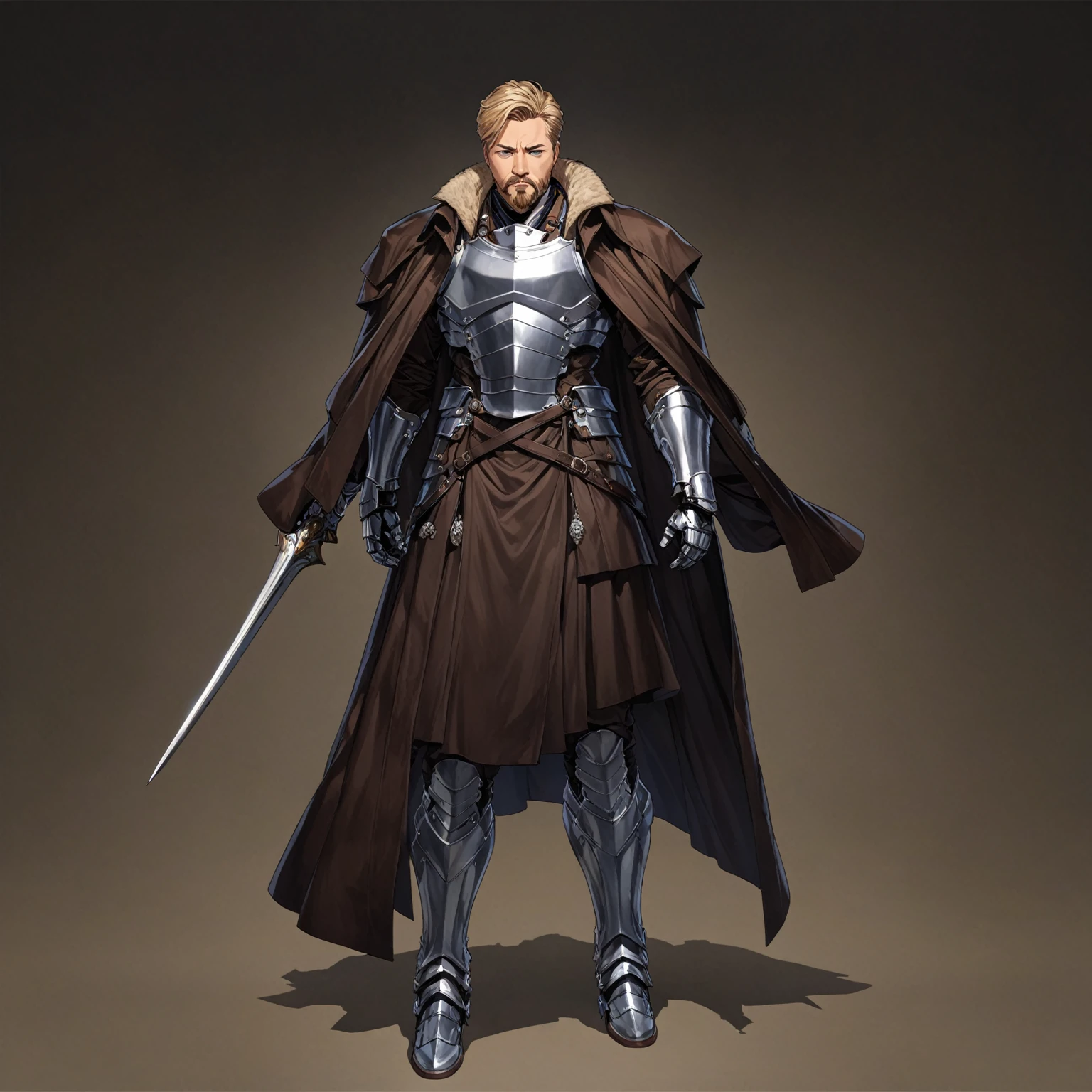 masterpiece, best quality, good quality, Highly detailed, shadowverse style, male, adult, facial hair, age 40s, blue eyes, blonde hair, short hair. armored, fantasy aesthetic, overcoat, adult, silver armored greaves, silver armored gauntlet, bang one side hair, overcoat, brown clothes 