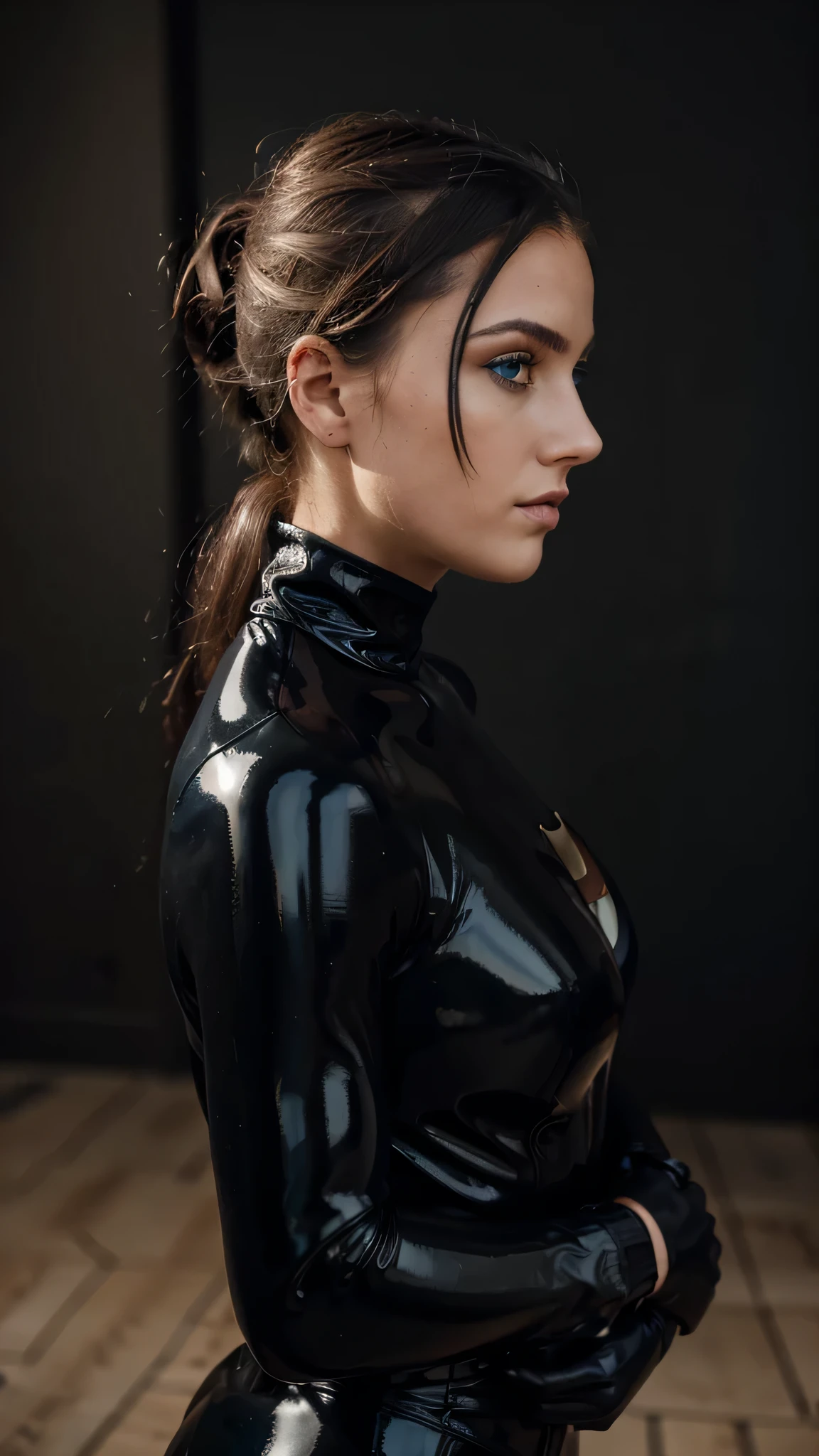 a photo of Esmée,full left side profile centered face,as black latex superhero,wearing a black latex suit,blue eyes,wearing large black latex coat,close up face portrait,having no hair,no lipstick ,85 mm,wearing no sunglasses,looking damn smart