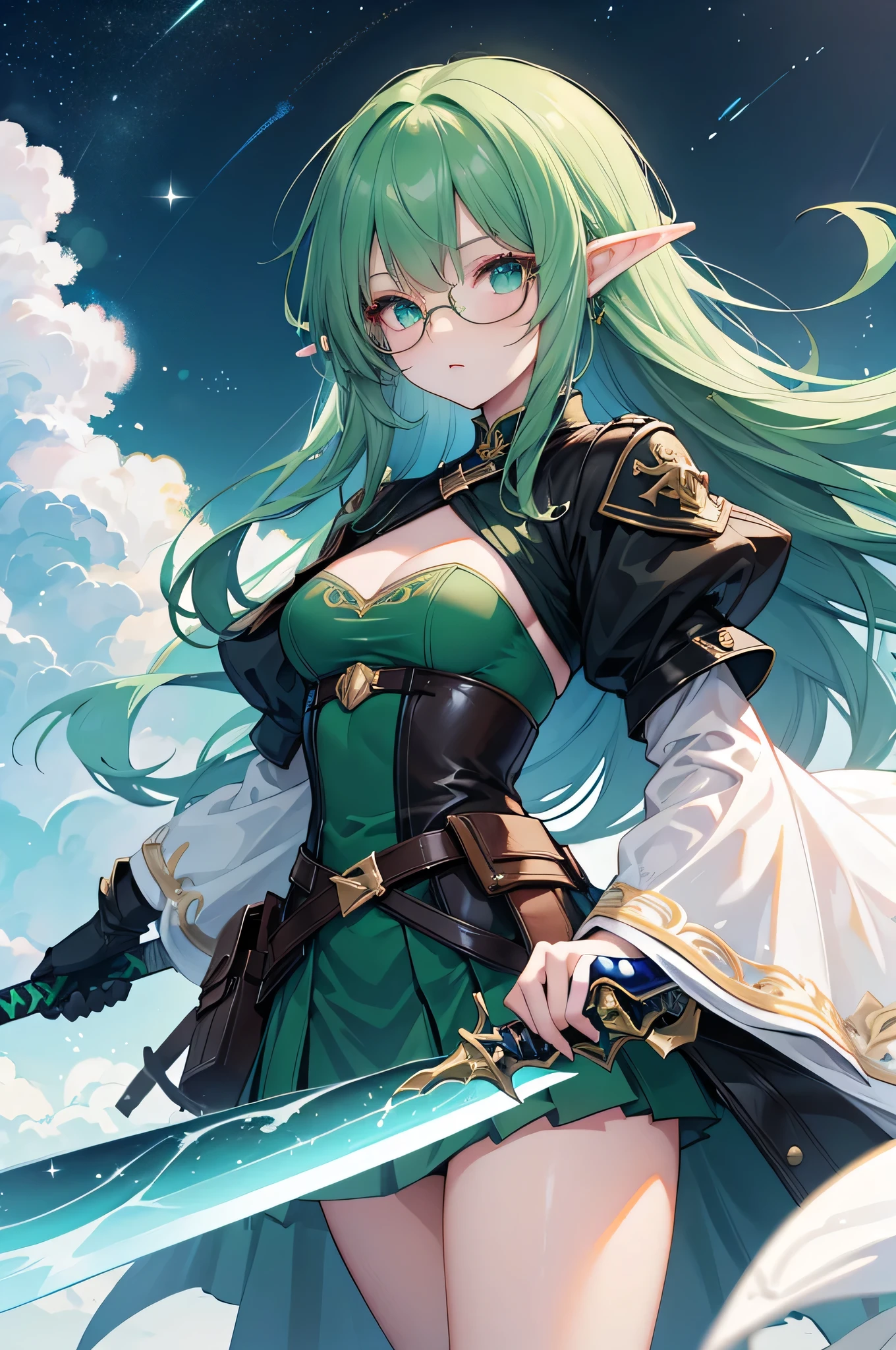 Green black layer,elf ear,girl ,galaxy eyes color,fortress scenery,,virtual eyes glasses,holding a sword