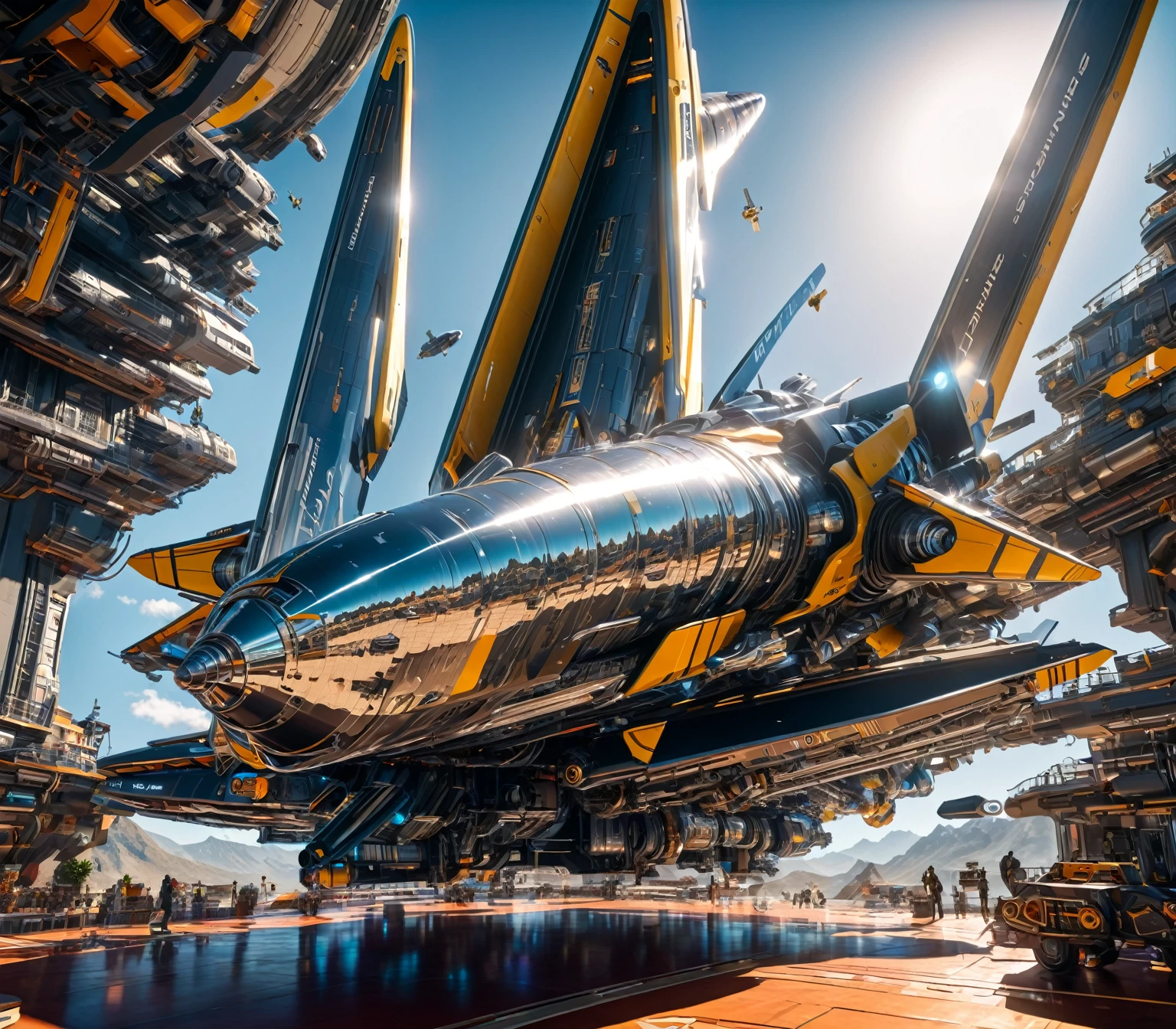 Masterpiece, best quality, (highly detailed CG unity 8k wallpaper), (best quality), (best illustration), (best shadows), isometric 3D , octane rendering, ray tracing, highly detailed, Low Angle Shot to spaceship
