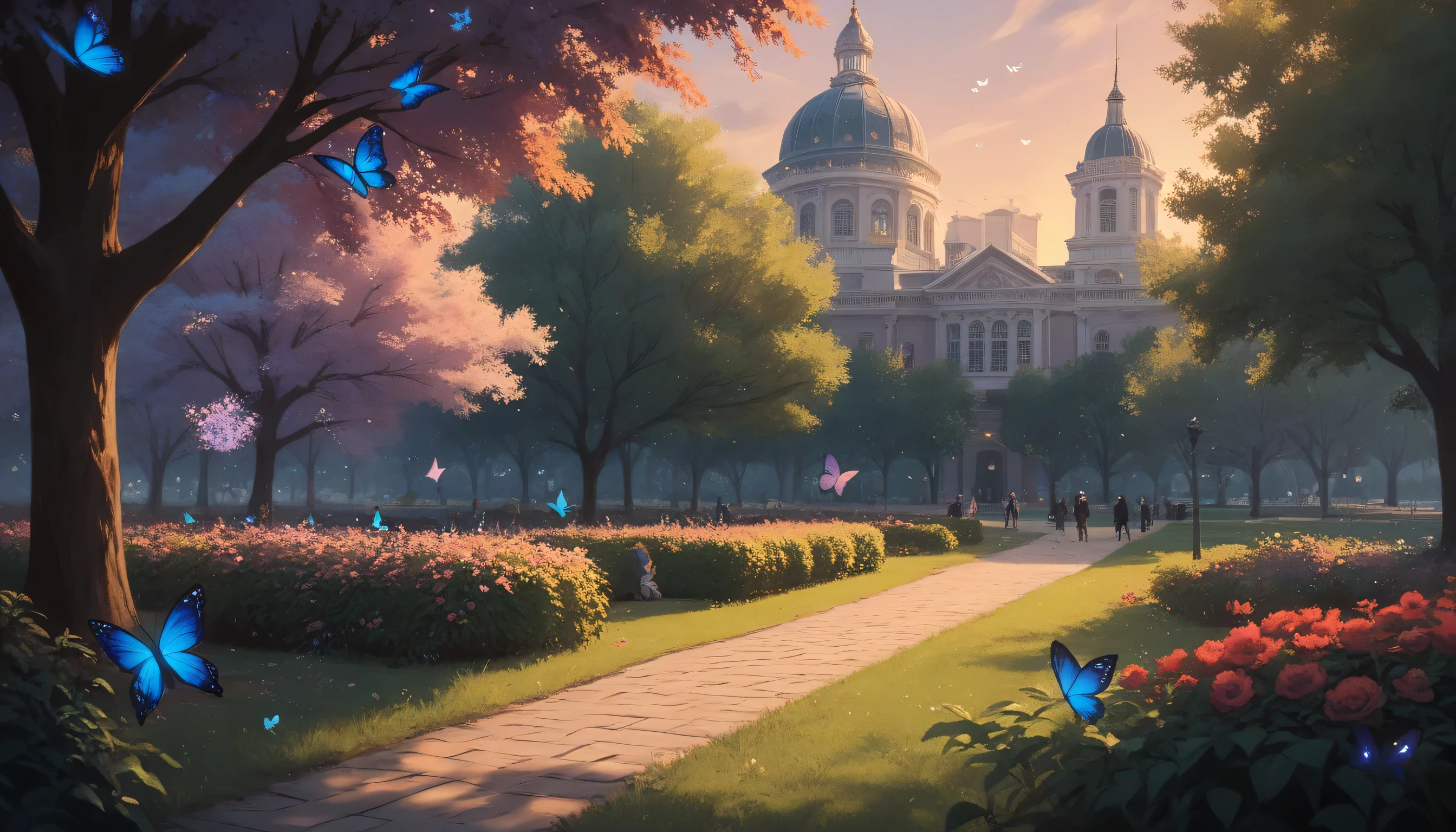 an evening with a flock of violet butterflies in the park