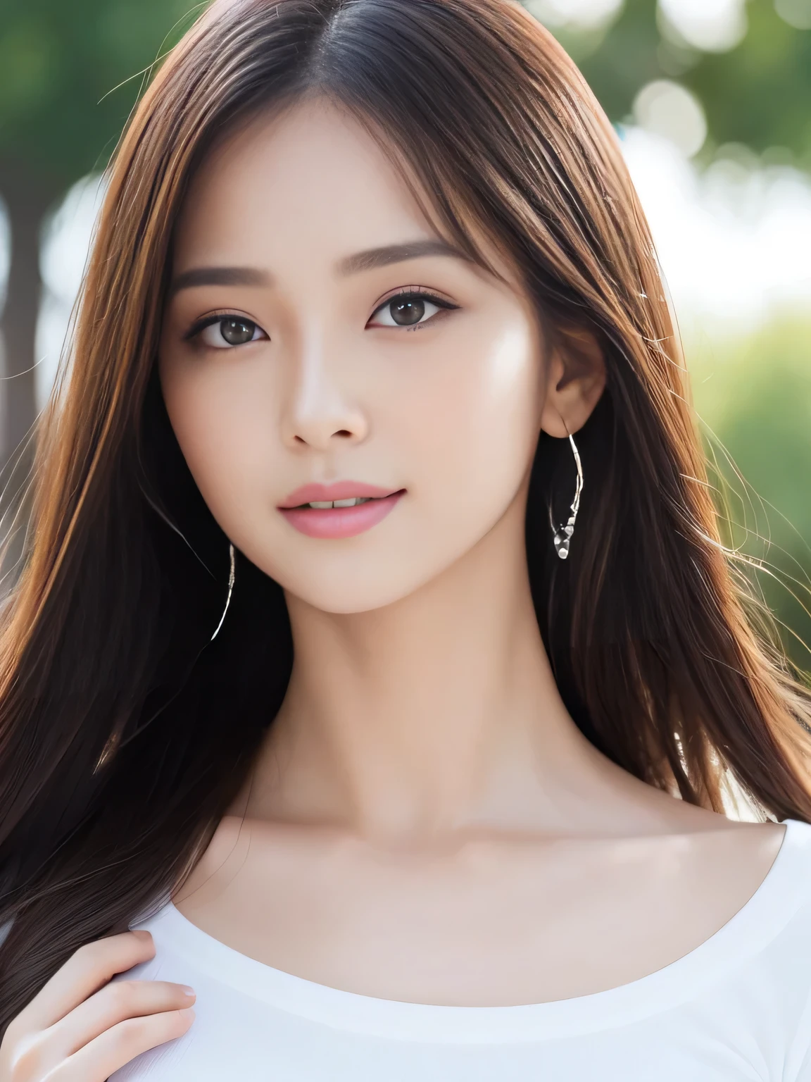 (Highest quality、Tabletop、8k、Best image quality、Award-winning works)、One beautiful woman、Perfect beautiful composition、(A tight fitting T-shirt:1.1)、(Accentuate your body lines:1.1)、Bust up shot、Look at me and smile a little、(Highly blurred and accurate park background:1.1)、Standing Elegantly、Droopy eyes、Natural Makeup、Ultra-high definition beauty face、Ultra HD Hair、Ultra-high definition sparkling eyes、Ultra High Resolution Perfect Teeth、Ultra-high definition, lustrous, beautiful skin、Ultra-high quality glossy lips、Accurate anatomy、