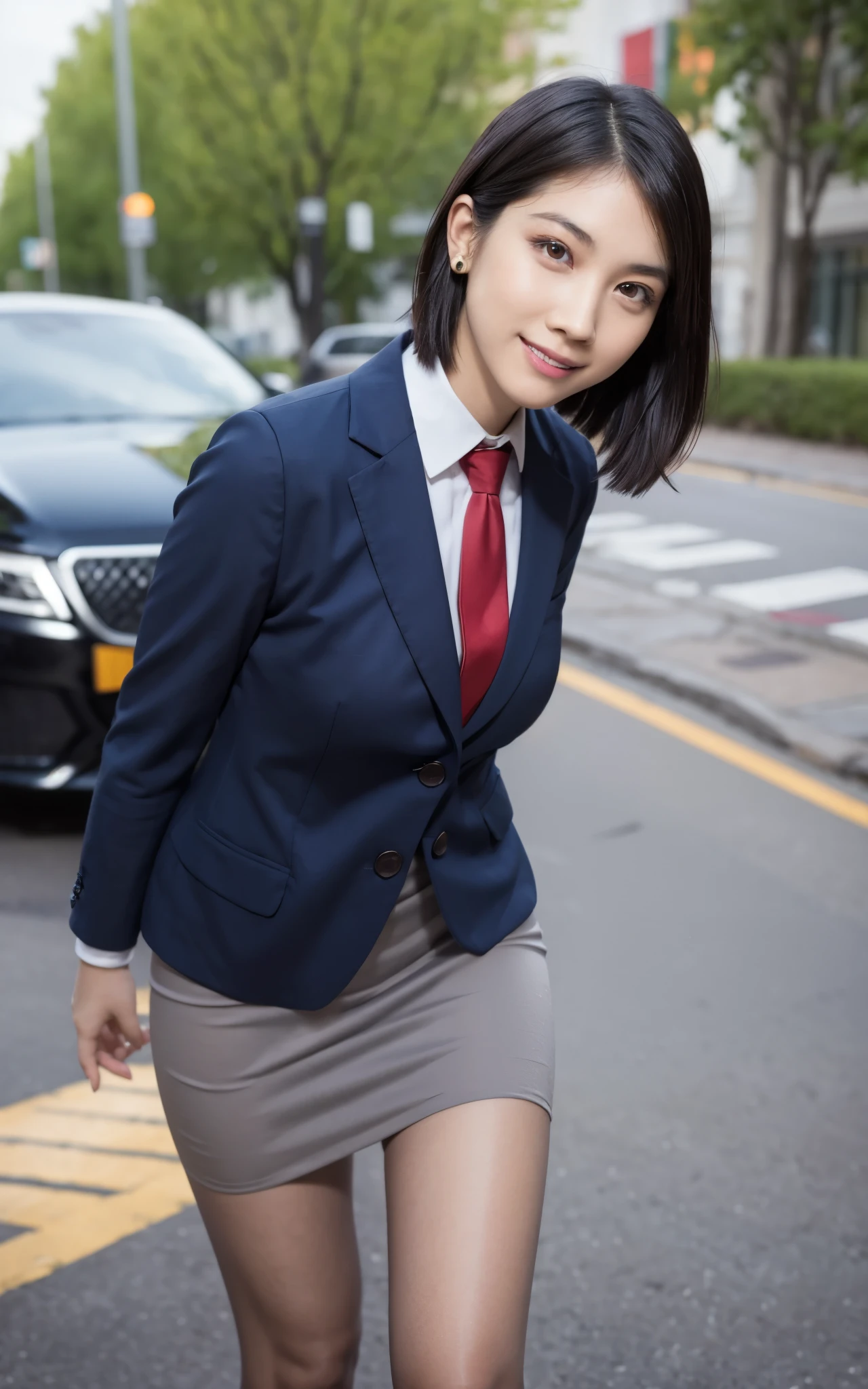girl, Hyper Realistic, masterpiece, smile, portrait, bobhair, light gray pencil skirt suit, white shirt, red necktie, pantyhose