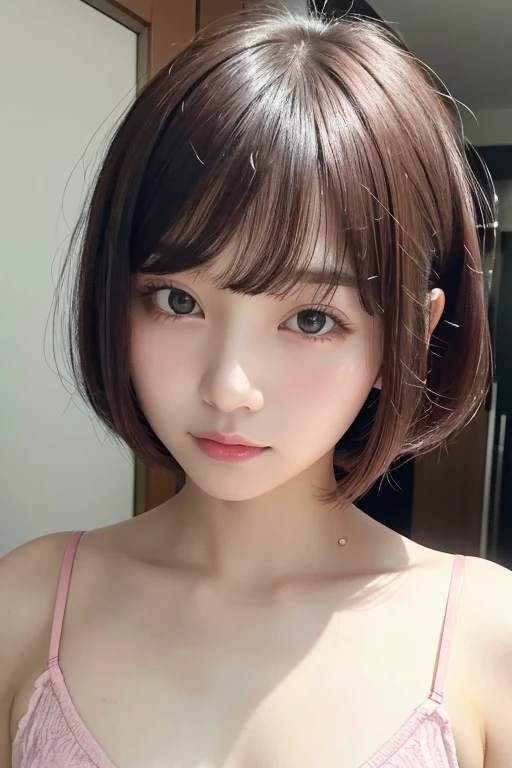 A girl with bob hair, bangs, 20 years old, pink underwear, , short height