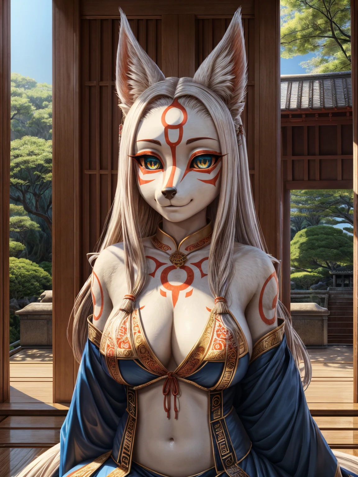 white fur kisune, amaterasu eyes, add high definition_detail:1, blue fur,kitsune ears, tribal tattoo add_detail:1, pretty girl add_detail:1, feudal priestess clothing add_detail:1, japanese shrine scenery add_detail:1, japanese shrine costume add_detail:1, bare left leg add_detail:1, add full body_detail, under a tori gate, super detailed pupils, beautiful eyes, bright pupils