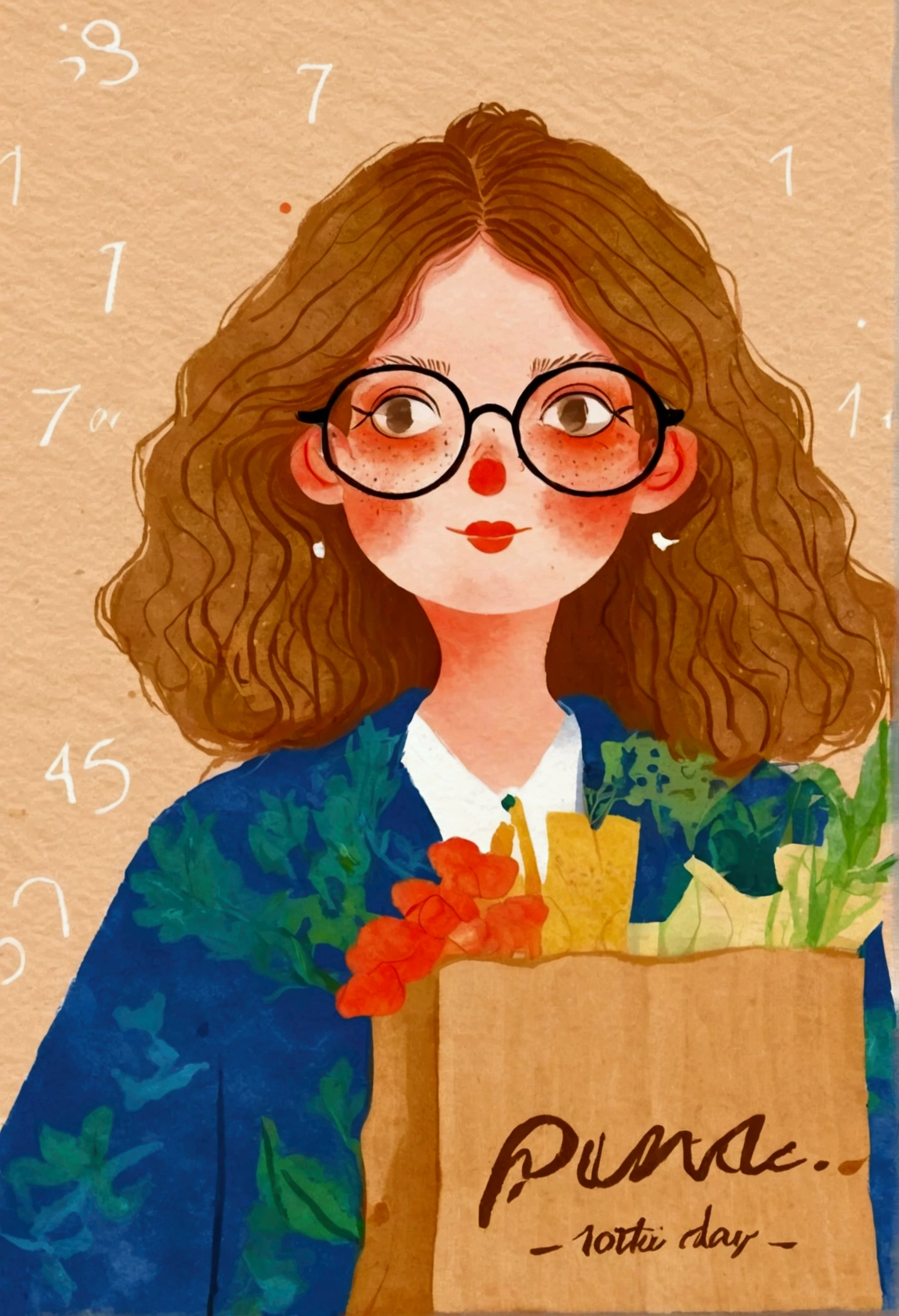 Pastel Art：Illustration of a woman wearing glasses holding a paper bag,