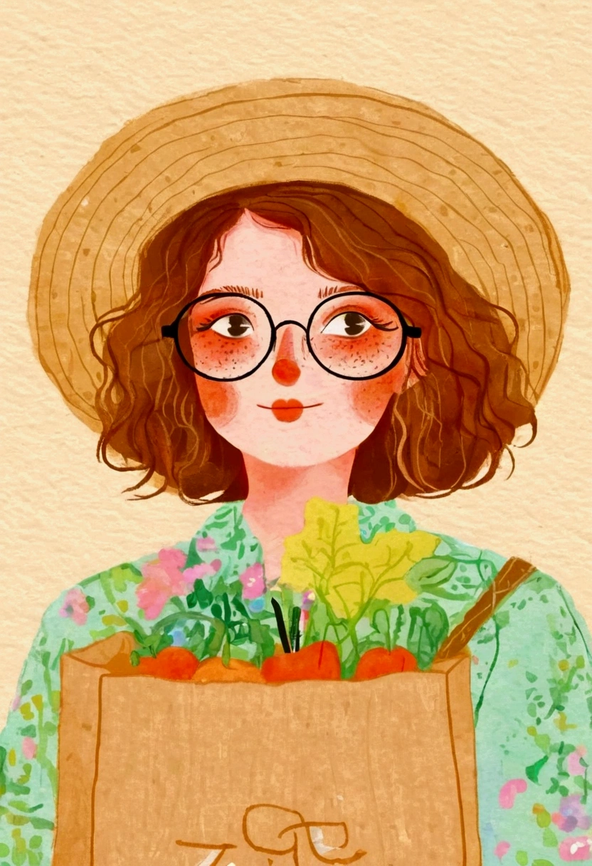 Pastel Art：Illustration of a woman wearing glasses holding a paper bag,