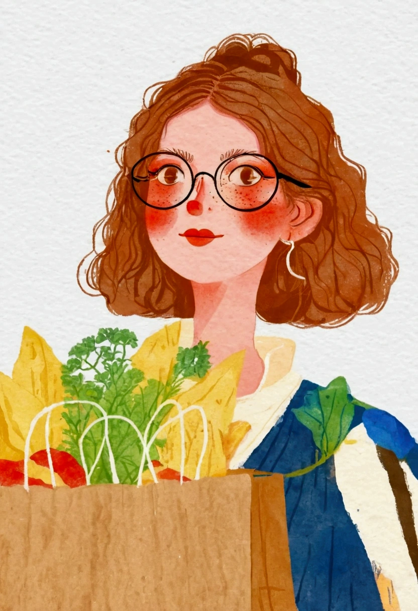 Illustration of a woman wearing glasses holding a paper bag, Numbers inspired by Pia Fries, tumblr, Serial art, commend girl, commend portrait, Low-fidelity illustration style, commend art, commend feel, commend, commend album art, commend girl aesthetic, Lofy, A scorching hot day, commend artstyle
