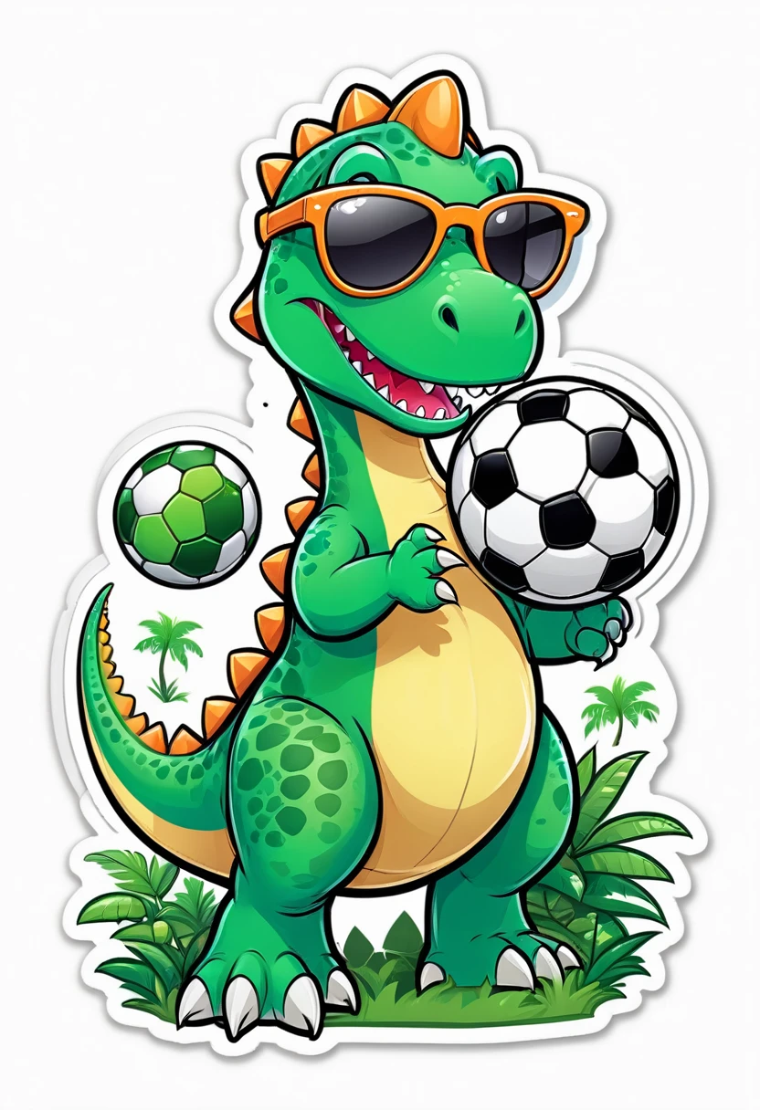 Colorful sticker design on a white background featuring a cartoon green dinosaur with sunglasses patting itself while holding a soccer ball in a fantasy jungle.  