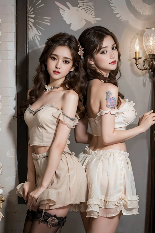 masterpiece, Highest quality, Realistic, Very detailed, Finer details, High resolution, 8k wallpaper, One beautiful woman, Wearing a lovely pink see-through bunny girl costume, Wearing a garter belt, Great hotel entrance, At night, Light brown messy hair, Perfect dynamic composition, Beautiful and beautiful eyes、Big earrings、Are standing、whole body ((Medium breasts, )),  (Well-defined abs : 1.1), (Perfect body : 1.1), full-length photo, (Ripped tube top:1.3), (Extremely detailed CG 8k wallpaper), (Extremely delicate and beautiful), (masterpiece), (best quality:1.0), Delicate skin, Extremely detailed two 18 year old tween girls trying on cute clothes, two close friends, colored hair, collar, skinny body, detailed pupils, beautiful face, perfect faces like young asian models, tattoo, touching each other, back straps, innocent expression, enticing, full body showing legs, garter with stockings, good lighting, high heels, cute glasses, kawai cosplay girls, strapped colored dresses with cutouts slits, bright playful, thin model, cute young teen girls