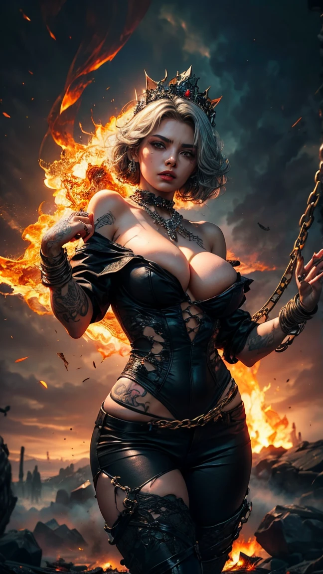 Tia is shown to have a fairly slender figure. She has white-grey hair , she has short hair and large pale green eyes, detailed face , tall face ,A girl at the bottom of the fire, thrown into a deep blazing pit where she wears flaming black clothes, swirling flames: 1.3, meteorite: 1.3, fire and flames: 1.3, perfect dynamic composition: 1.4, (detailed tattoos on the whole body: 1.4, wear exquisite fire jewelry  From head to toe:1.4), Very detailed skin and facial texture:1.3, (The girl is cute and sexy), Prisoner in Hell, Slave, Crown of Fire, Fair skin, (Wear properly ripped black clothes off the shoulder:1.4), Breasts  Huge figures about to explode, the areola does not appear, a large gap in the chest, (the expression on your face when you feel intense agony, the facial expression when you feel strong and not afraid), eyes that feel beautiful Eros, sexy face, (very sexy and cute: 0.9, charming:  0.9), (He tortures: 1.4, many fiery chains: 1.4, countless fiery chains tangled in burning clothes: 1.4, fiery chain right arm: 1.4, fiery chain left arm: 1.4, tying the right leg with fiery shackles and fiery chains:  1.4, tied the left leg with fiery shackles and fiery chains: 1.4), very short white curly hair, fire tangled in clothes., cleavage exposed, medium breasts, superior quality, many details, Puri focus  Sharp and realistic 