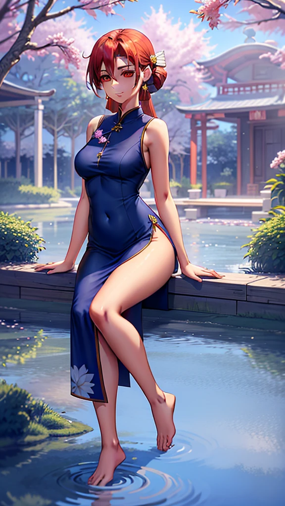 name: Mei Ling Age: 25 years old Height: 1,65 meters Weight: 55 kg Hair color: black ebony, Long to the waist, slightly wavy at the ends Eye color: dark brown, almonds, with an introspective glow Skin tone: pale, with a slight blush on the cheeks Body structure: Slender and graceful, with elegant posture Face: Oval, with delicate strokes, pink lips and small nose Clothing: Traditional Chinese Dress (cheongsam) blue silk, with detailed floral embroidery Accessories: Green jade earrings, Expression lotus pendant necklace: Distant and contemplative look, eyebrows slightly arched in concentration, lips slightly curved in a melancholic smile Posture: Sitting by a lake, hands gently resting on your lap, bare feet touching the water Environment: Chinese traditional garden, with bamboo trees in the background and cherry blossoms falling around it Additional details: A light breeze caresses your face, gently moving your hair strands, creating a serene and reflective setting.