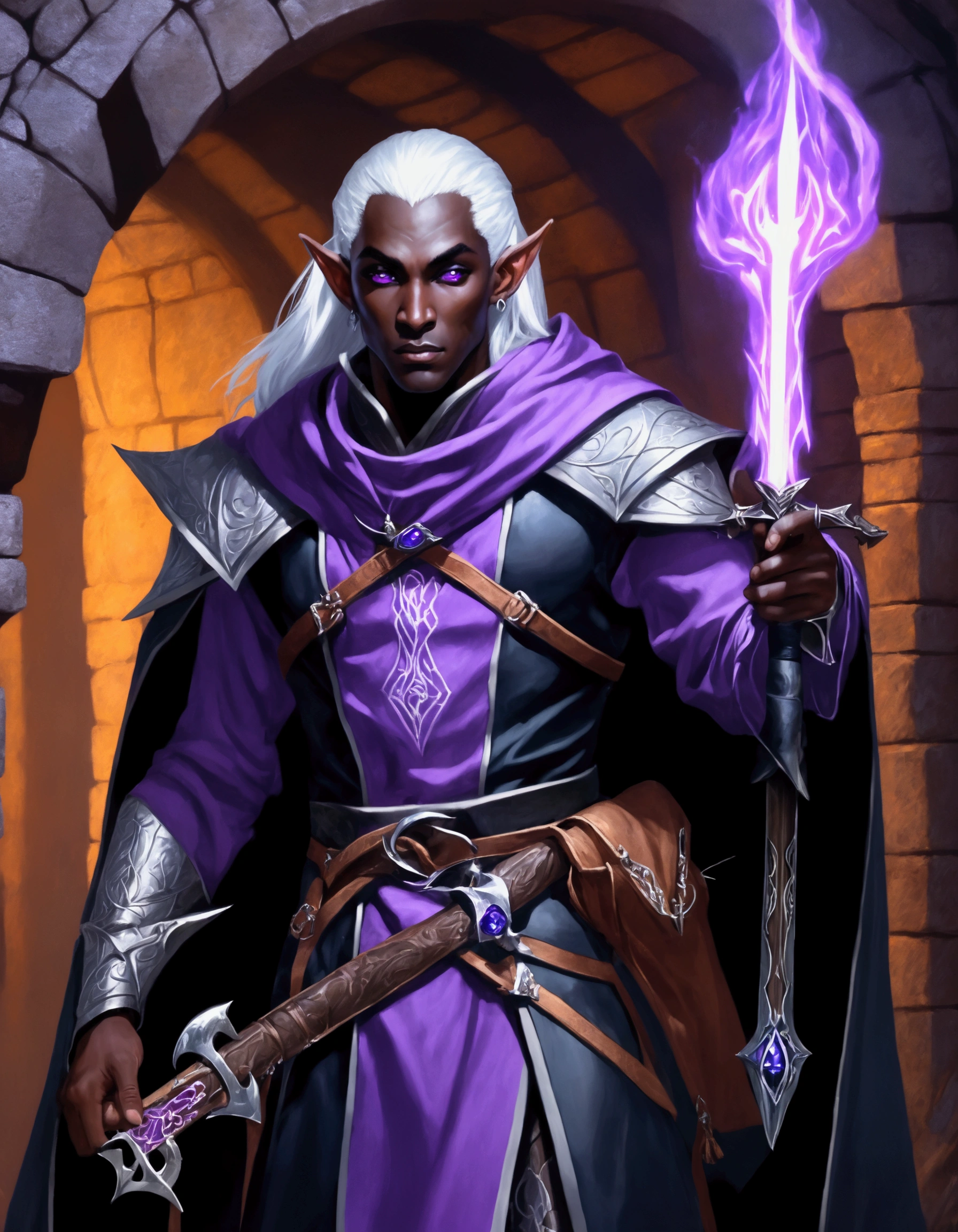 (Drow Elf Male)(Night black skin, evil wizards robes with intricate embroidery, adventuring sacks and pouches, violet eyes, silver hair, magical bag on hip, one handed crossbow, sword in scabbard) look of contempt on his face, posing in a dungeon, viewer is not a worthy foe