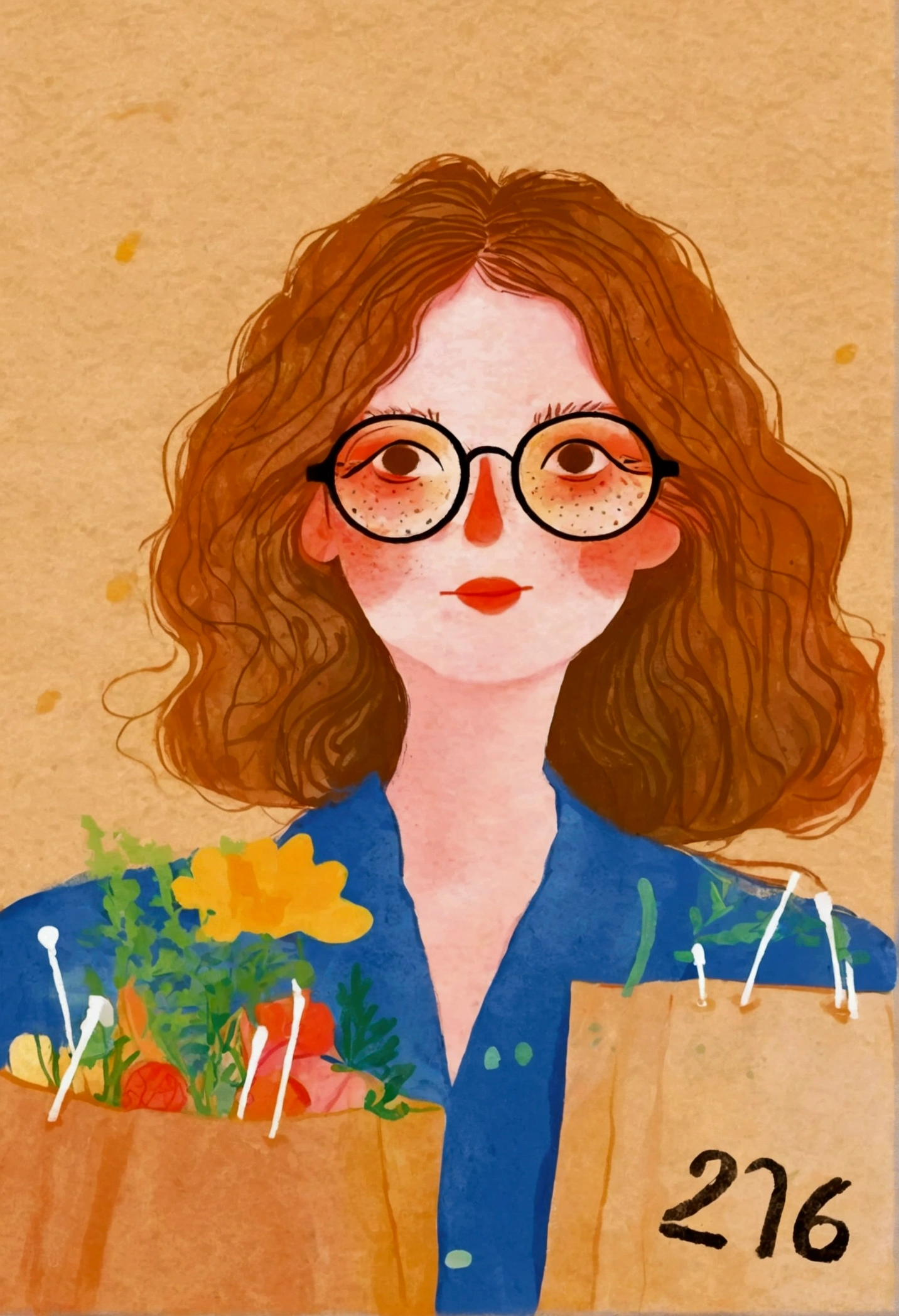 Illustration of a woman wearing glasses holding a paper bag, Numbers inspired by Pia Fries, tumblr, Serial art, commend girl, commend portrait, Low-fidelity illustration style, commend art, commend feel, commend, commend album art, commend girl aesthetic, Lofy, A scorching hot day, commend artstyle
