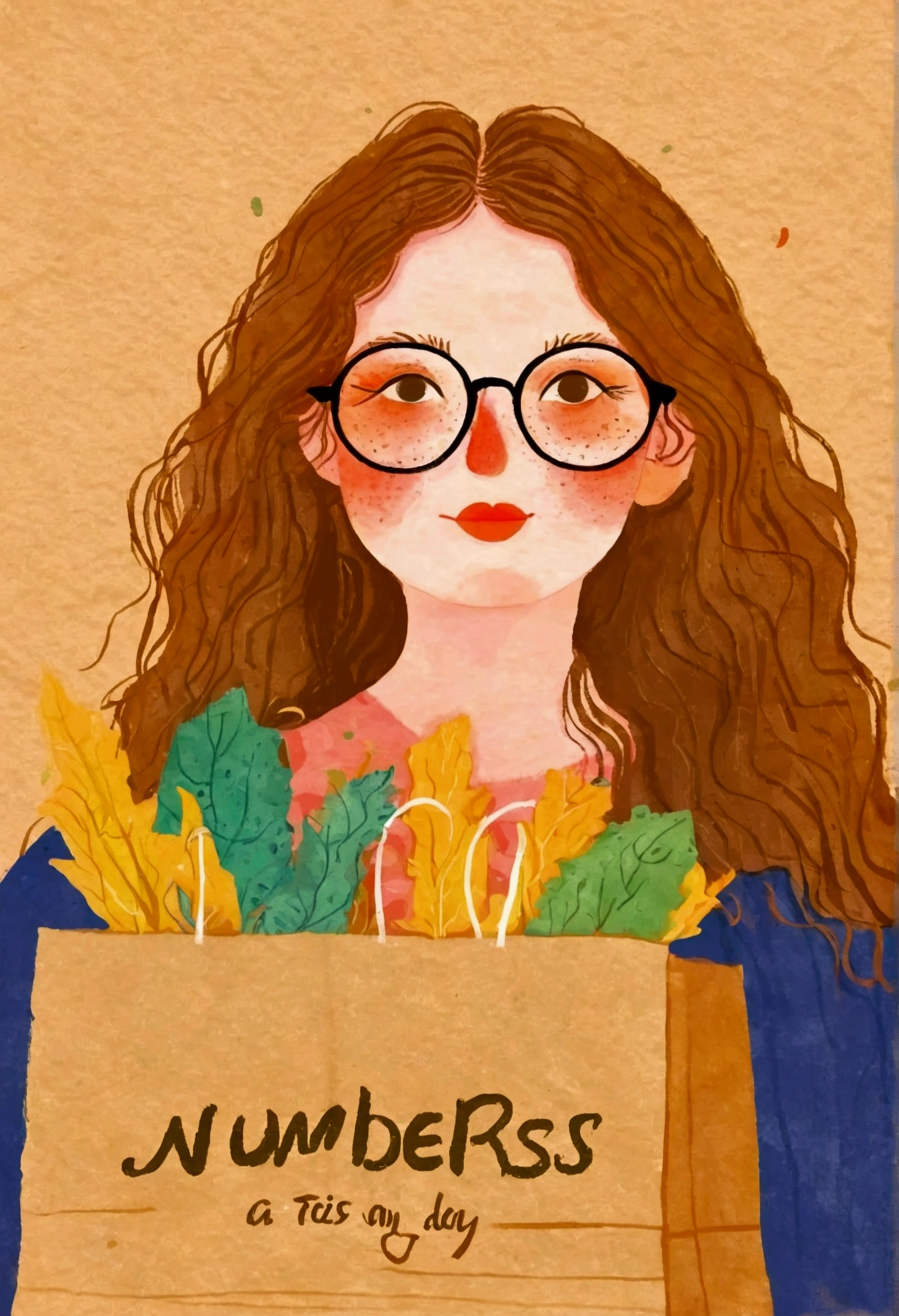 Pastel Art：Illustration of a woman wearing glasses holding a paper bag,